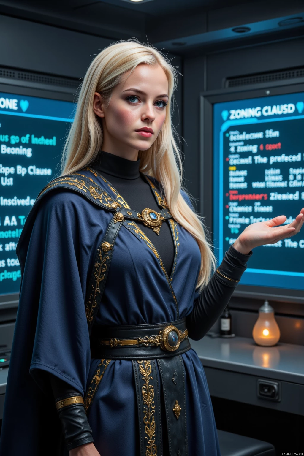 A person in a dark blue and gold outfit stands in a futuristic setting with illuminated screens in the background.