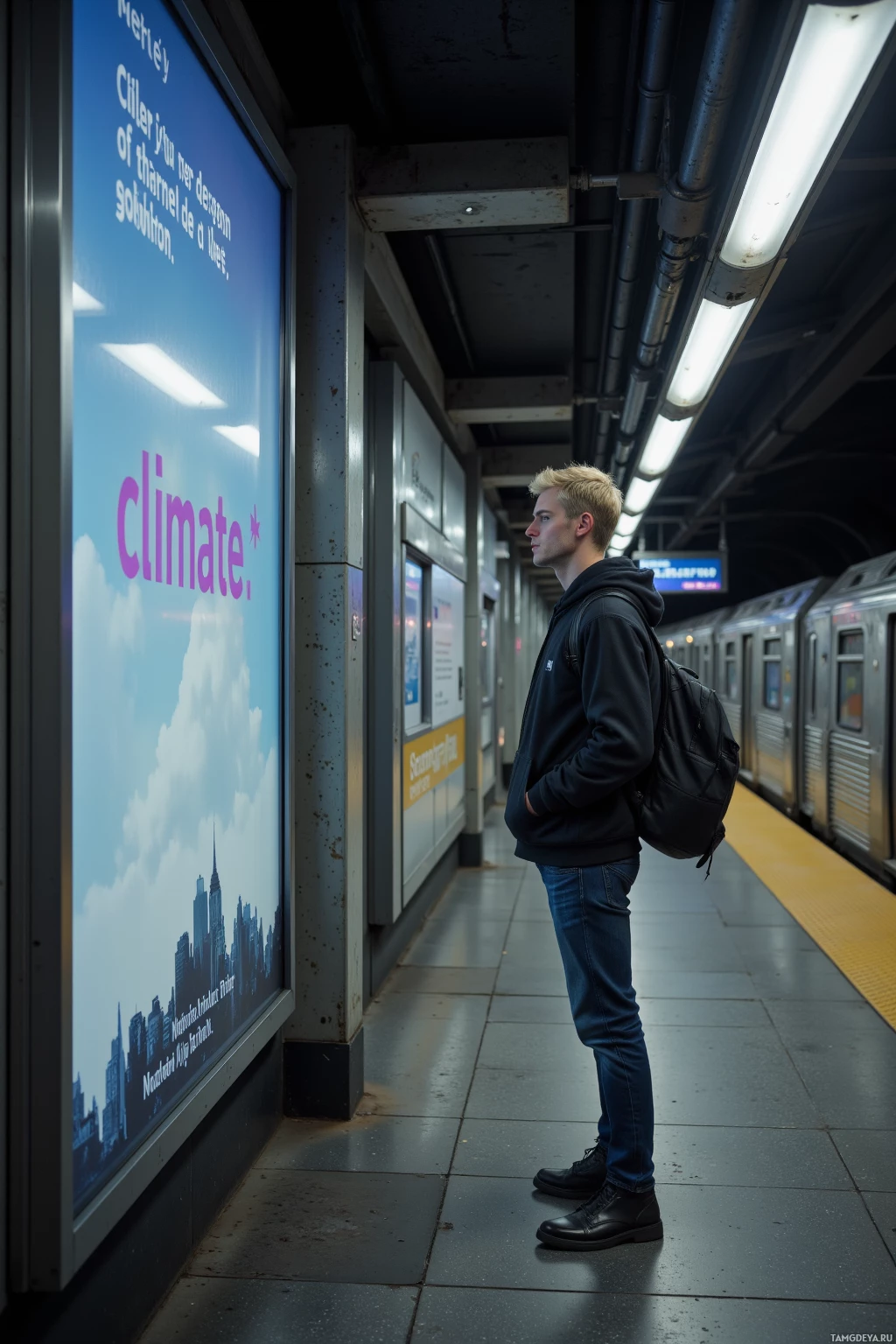 A person stands on a subway platform, looking at an advertisement.