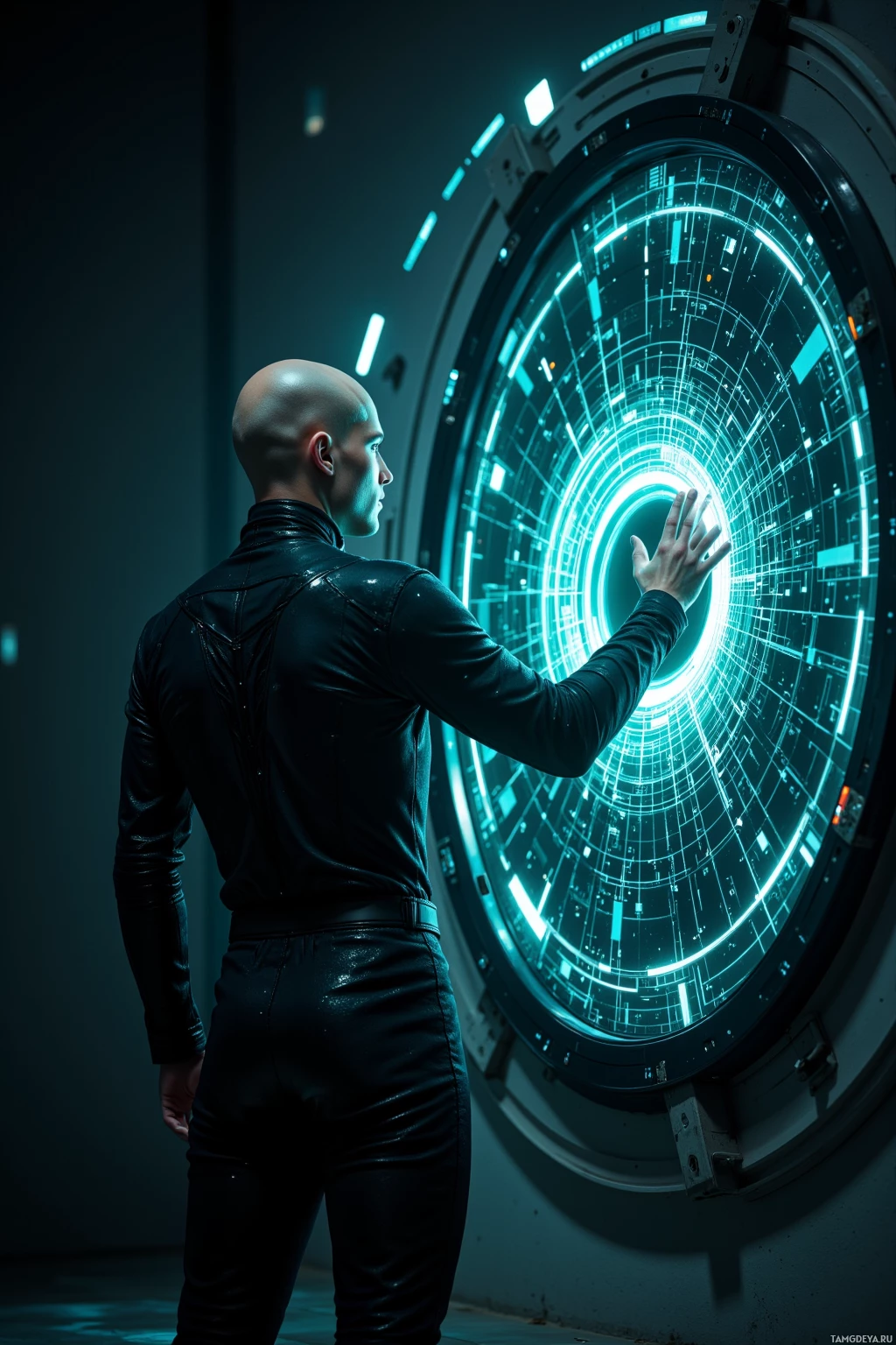 A person in a black outfit stands in front of a large, illuminated circular interface.