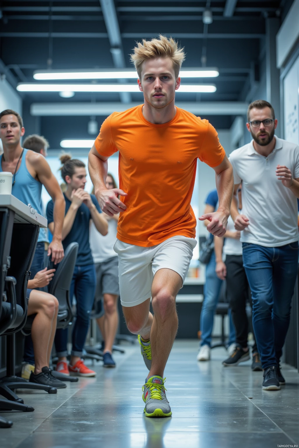 Realistic high quality photo. Young man, 22, short spiky blonde hair, blue eyes, bright athletic t‑shirt, white shorts, colorful sneakers, sprinting through a modern tech startup office after a blackout, with a laptop displaying a half‑finished app prototype, excited colleagues gathered around, fluorescent lights flickering, coffee mugs and whiteboards scattered, all captured in motion.