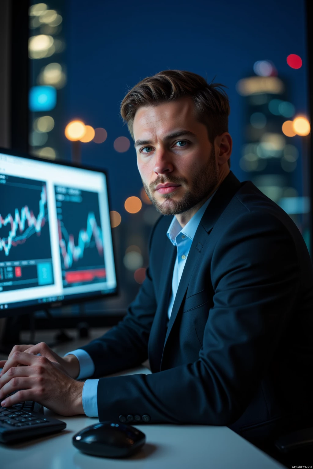 A man in a suit sits at a desk in front of a computer monitor displaying a graph, with a cityscape visible through the window behind him.