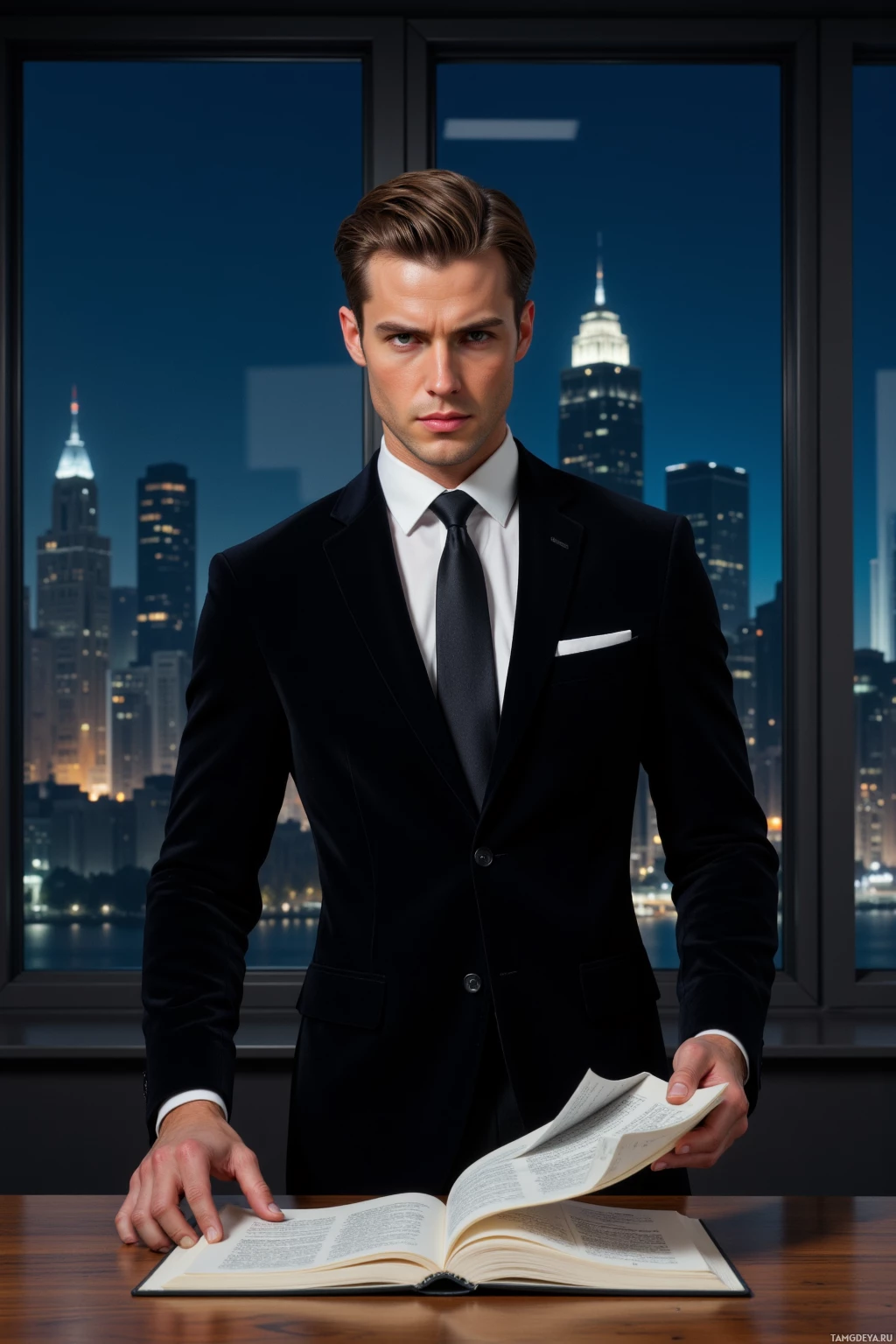 Realistic high quality photo. male, 34, slicked-back light brown hair, piercing green eyes, tailored black suit with crisp white shirt and slim tie, standing at a polished office desk at midnight, holding an open ledger, tense posture, gazing out at a dimly lit city background through windows, modern realism