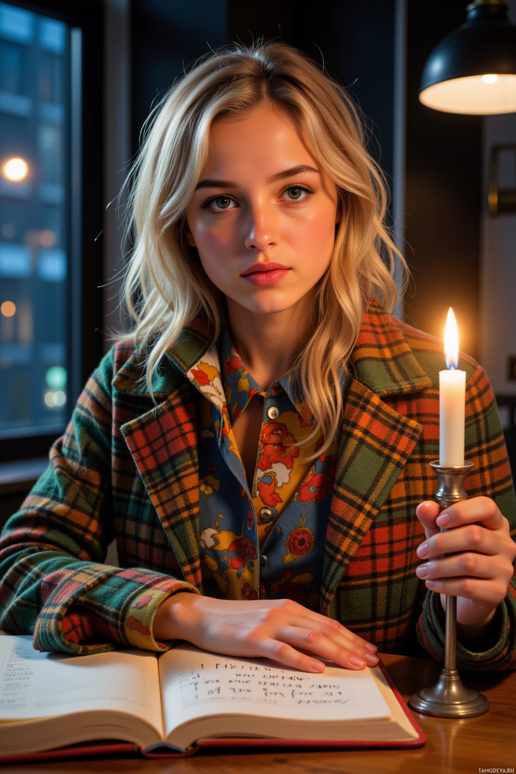 Realistic high quality photo. 21‑year‑old woman with curly blonde hair, bright blue eyes, colorful layered outfit under a plaid coat, sitting at a desk in a modern city apartment at night, holding a single candle flame, sipping chamomile tea, sketching a protest slogan in calligraphy on a notebook while a neighbor knocks at the door, warm ambient lighting and dark windows in the background.