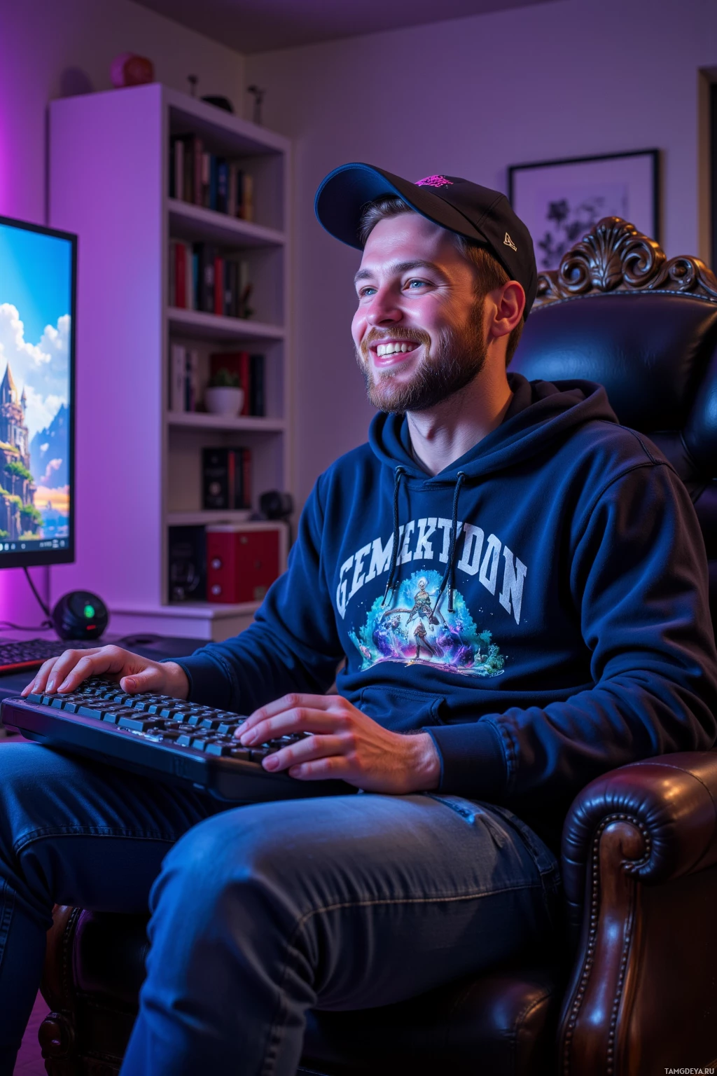 A person wearing a hoodie and cap sits in a chair, using a keyboard in a room with a computer monitor and bookshelf.