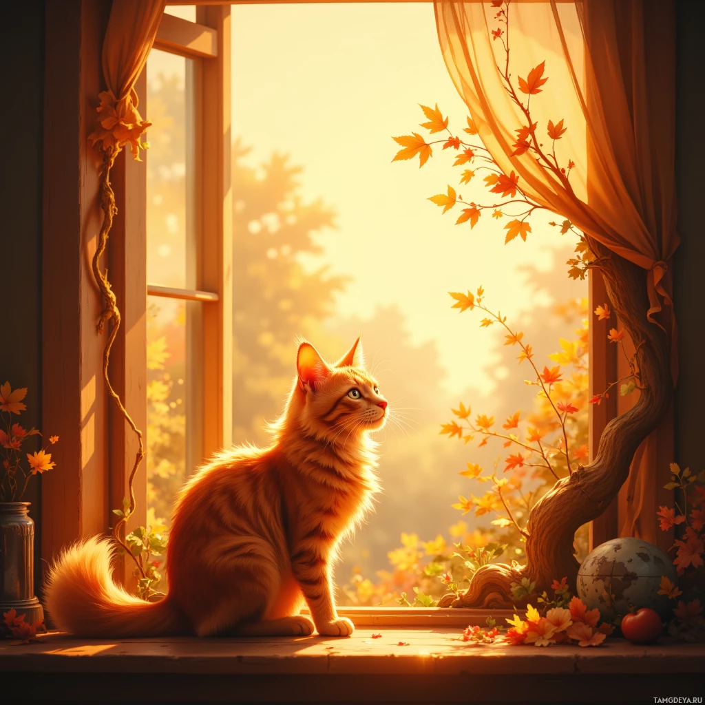 An orange cat sits on a windowsill, gazing out at autumn leaves and sunlight.