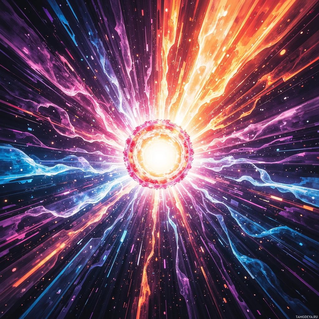 A vibrant cosmic scene with radiant light beams and swirling colors emanating from a central point.