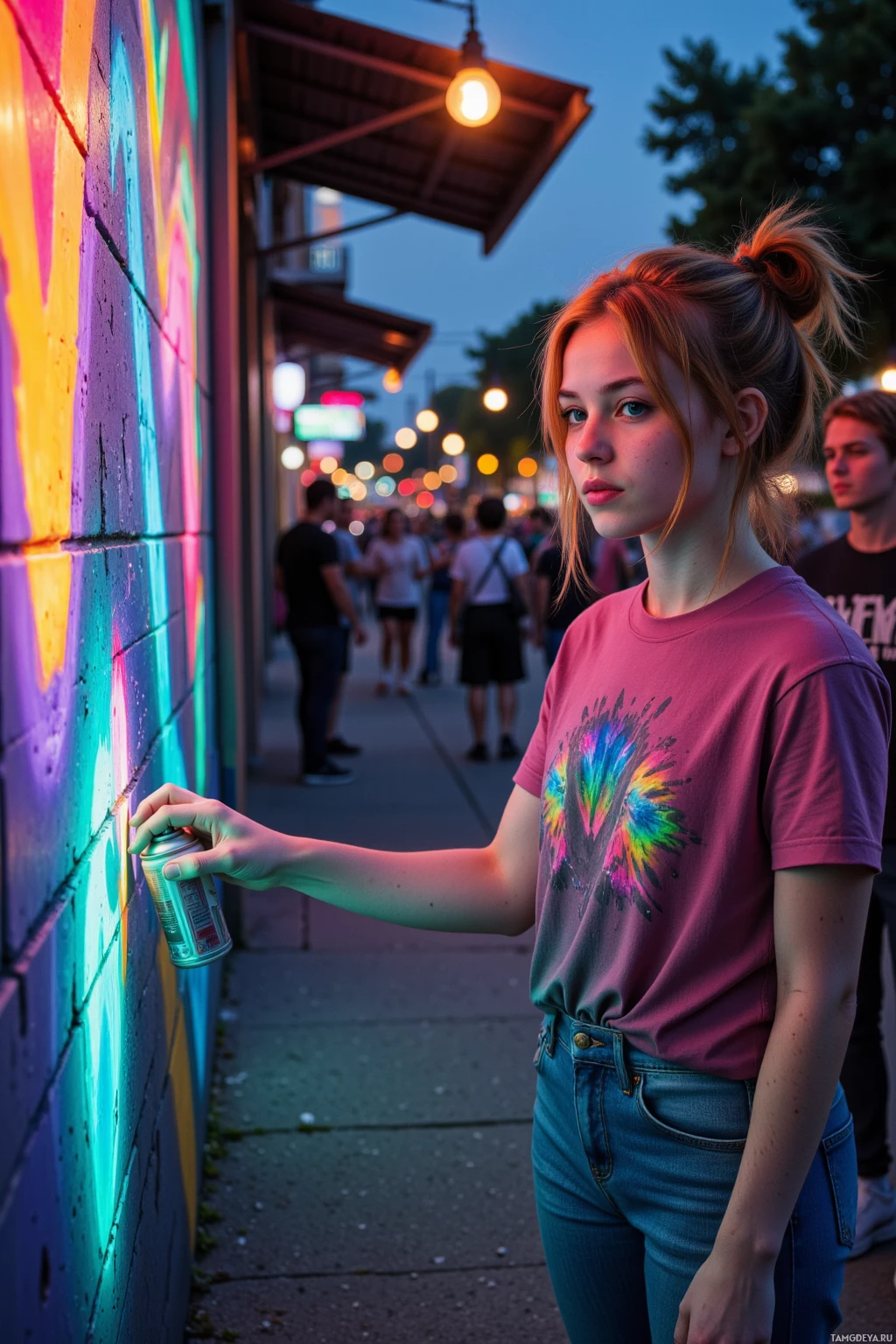 A person wearing a tie-dye shirt spray paints a colorful mural on a wall at dusk.