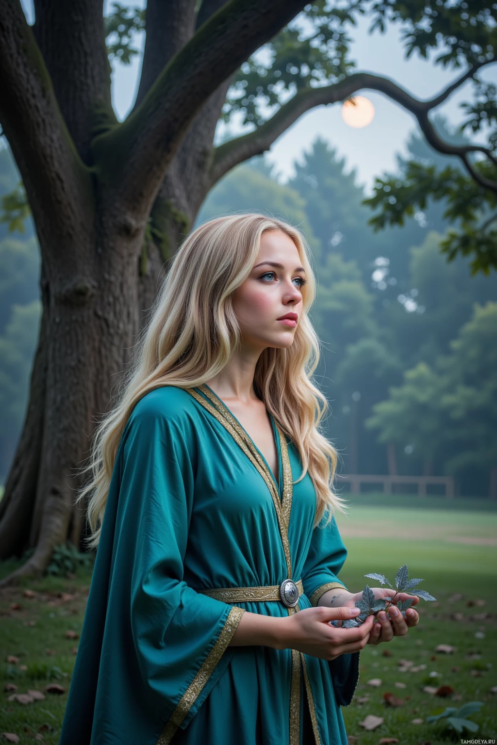 A person in a teal robe stands outdoors under a tree, holding a small plant with a serene expression.
