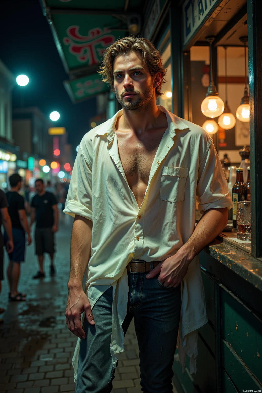 A man stands at a bar counter in an urban setting at night, wearing a partially unbuttoned shirt and jeans.