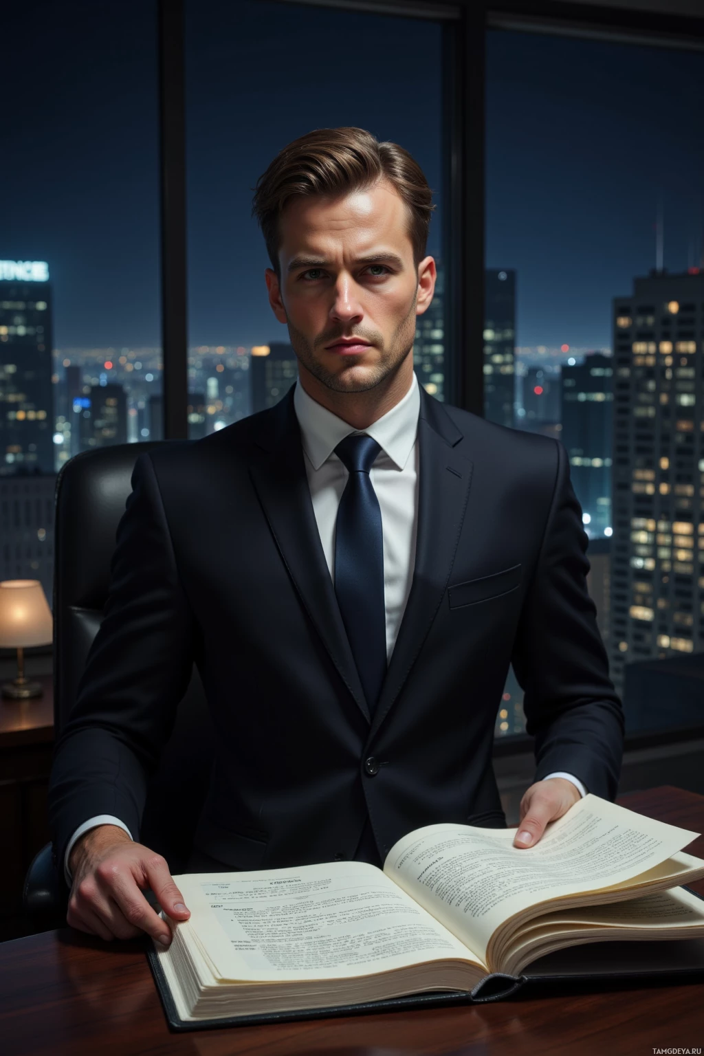 A man in a suit sits at a desk, holding an open book, with a cityscape visible through the window behind him.