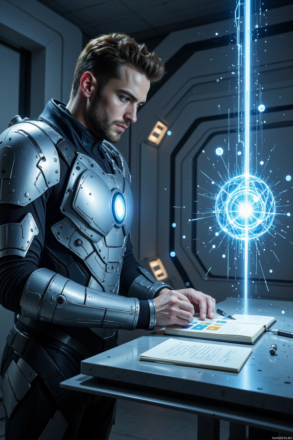 A person in a futuristic suit is working at a desk with a glowing, magical orb above.