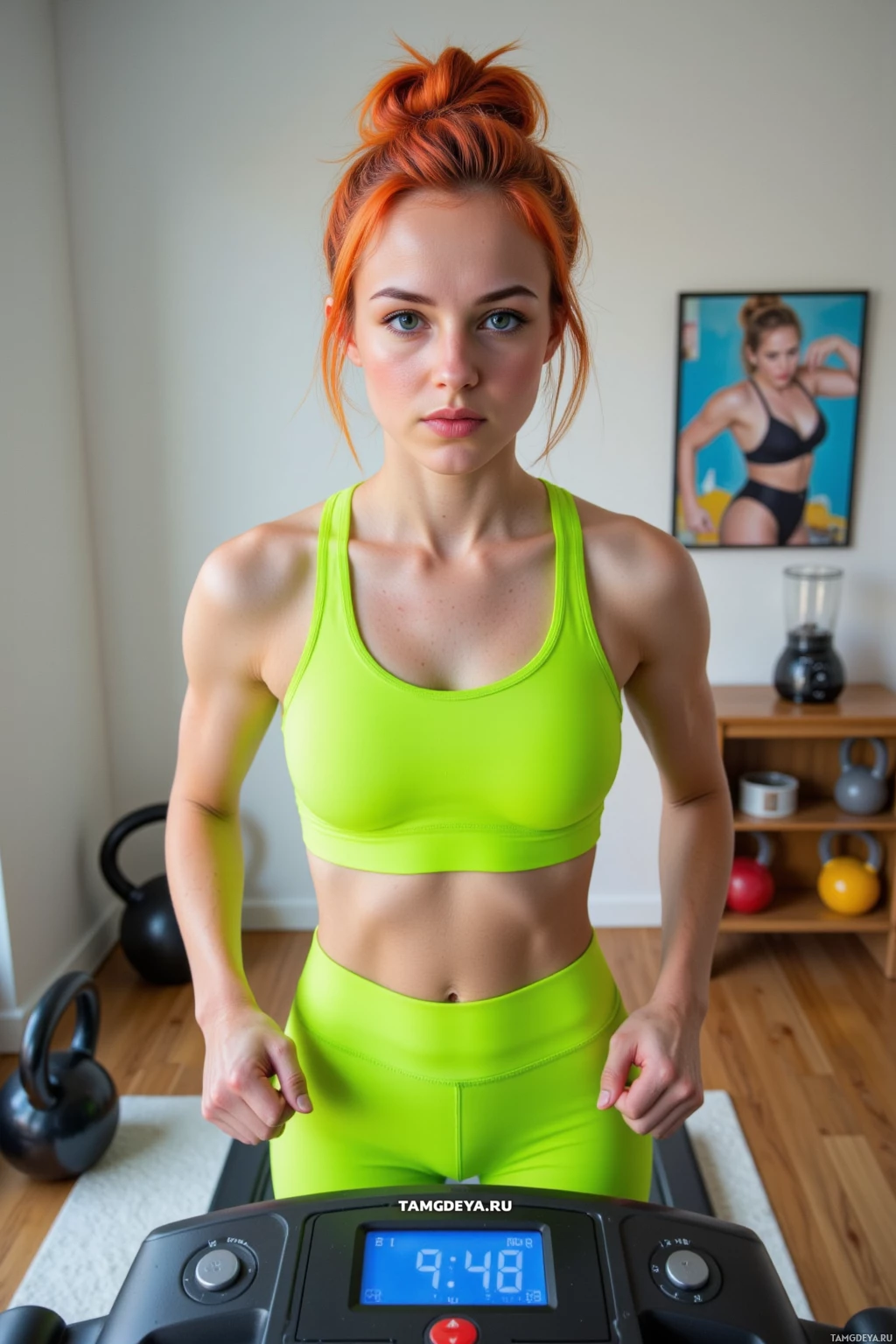 A person in bright green workout attire stands on a treadmill in a home gym setting.