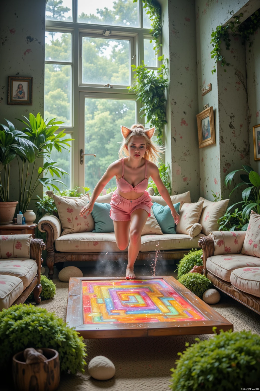 A person in a pink outfit runs across a colorful, water-filled maze on a coffee table in a cozy, plant-filled living room.