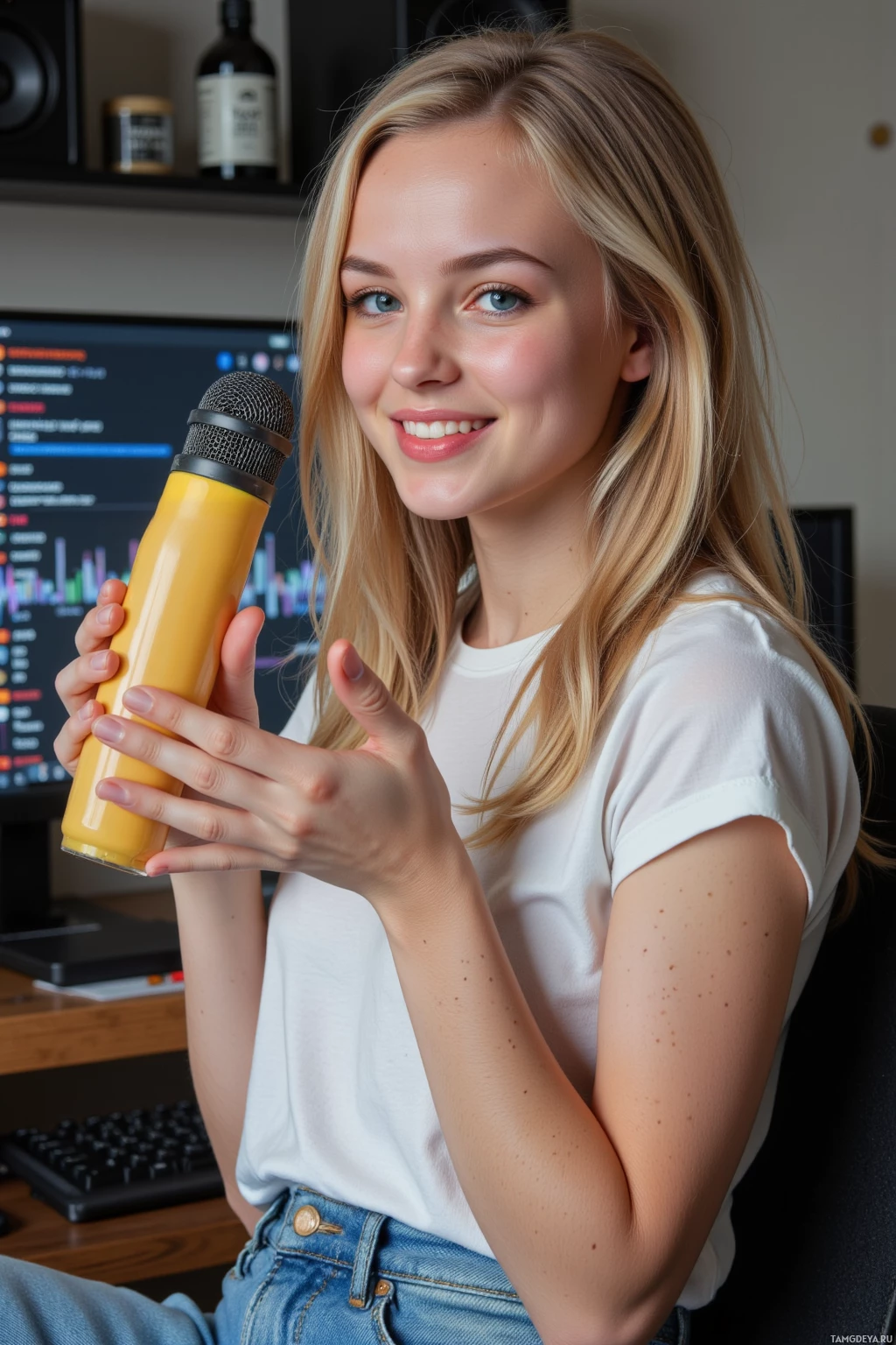 A person holding a microphone in front of a computer setup.