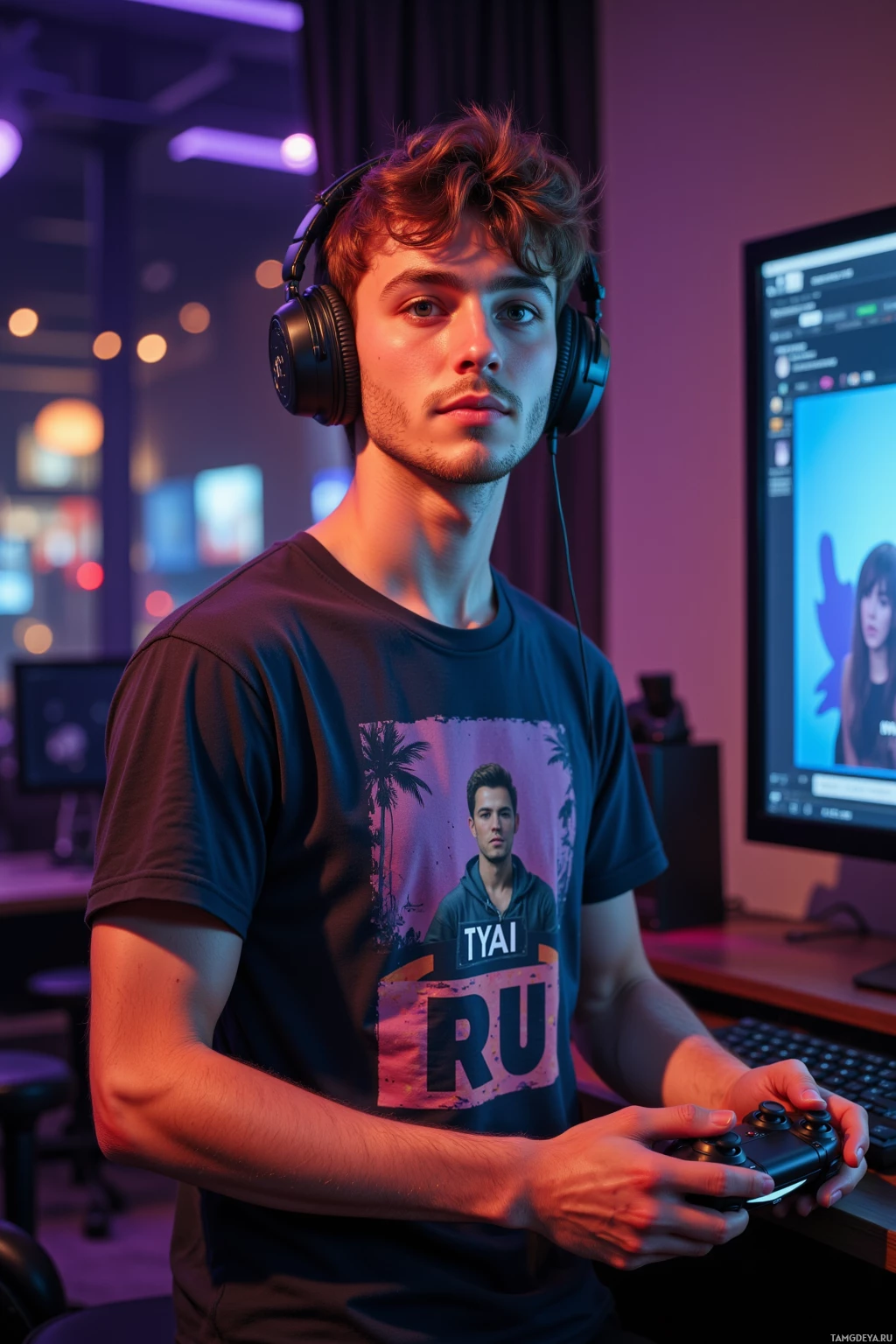 A person wearing headphones and holding a controller stands in front of a computer setup with colorful lighting.