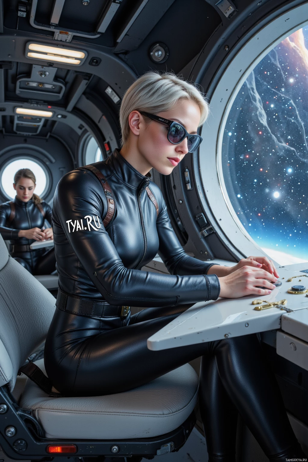 A person in a black leather jumpsuit sits at a control panel inside a spacecraft, gazing out at the stars.