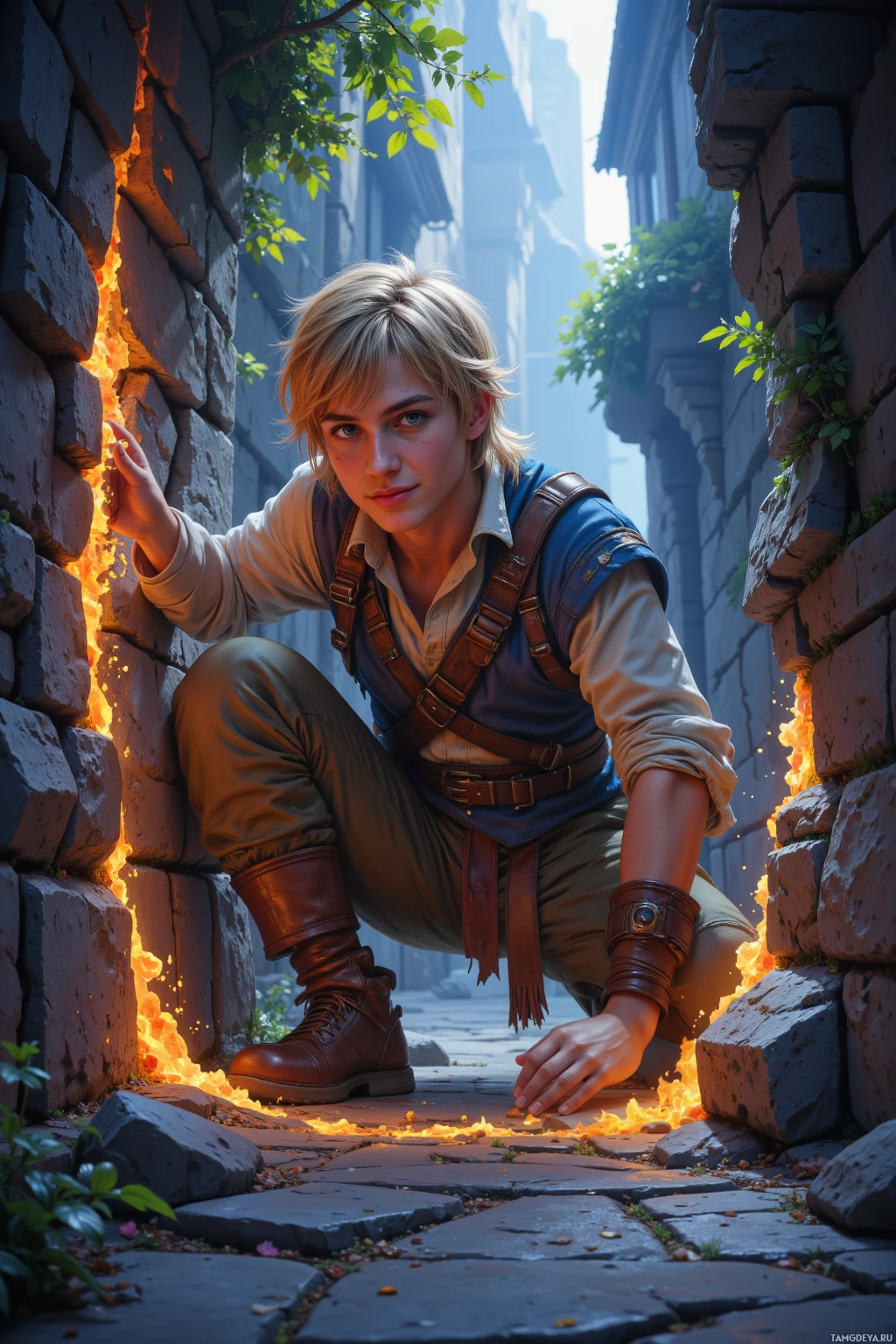 A person crouches in a narrow alleyway with flames licking at the walls.