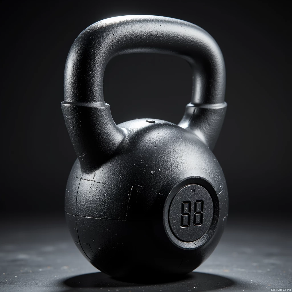 A black kettlebell with a textured surface and a weight label is shown against a dark background.