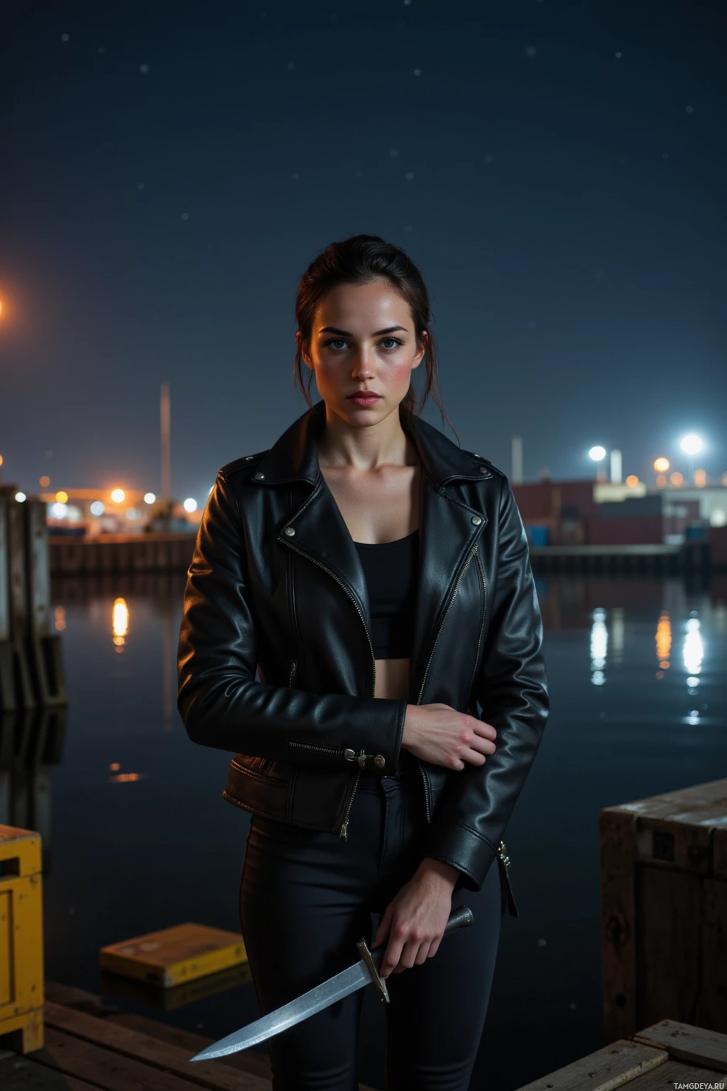 A person in a black leather jacket stands on a dock at night, holding a knife.