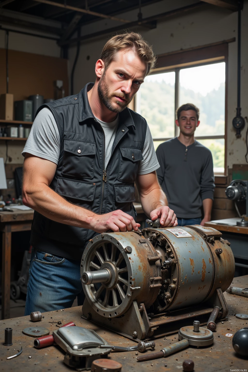 A man works on a rusted mechanical device in a workshop.