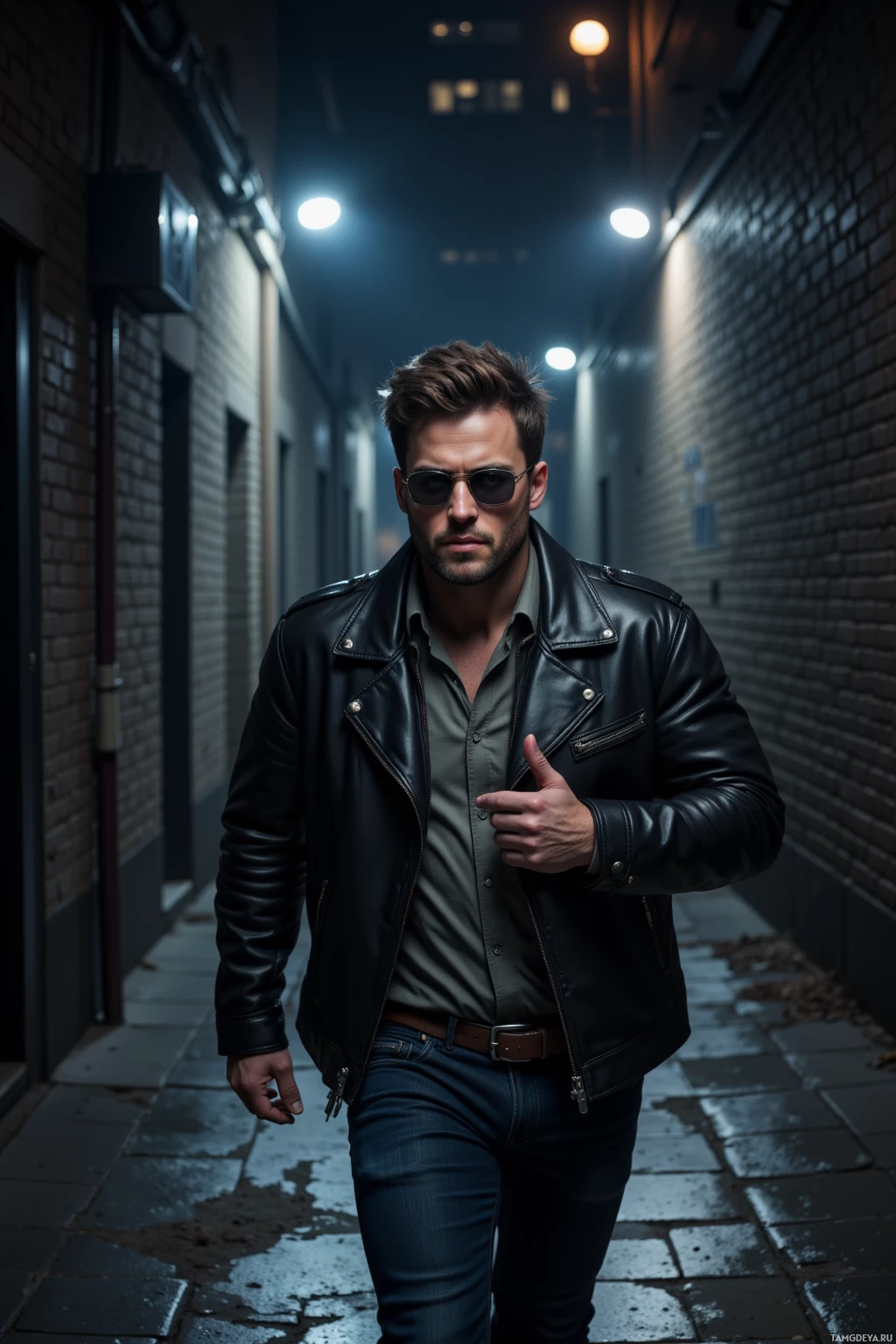 A man in a leather jacket and sunglasses walks down a dimly lit alleyway.