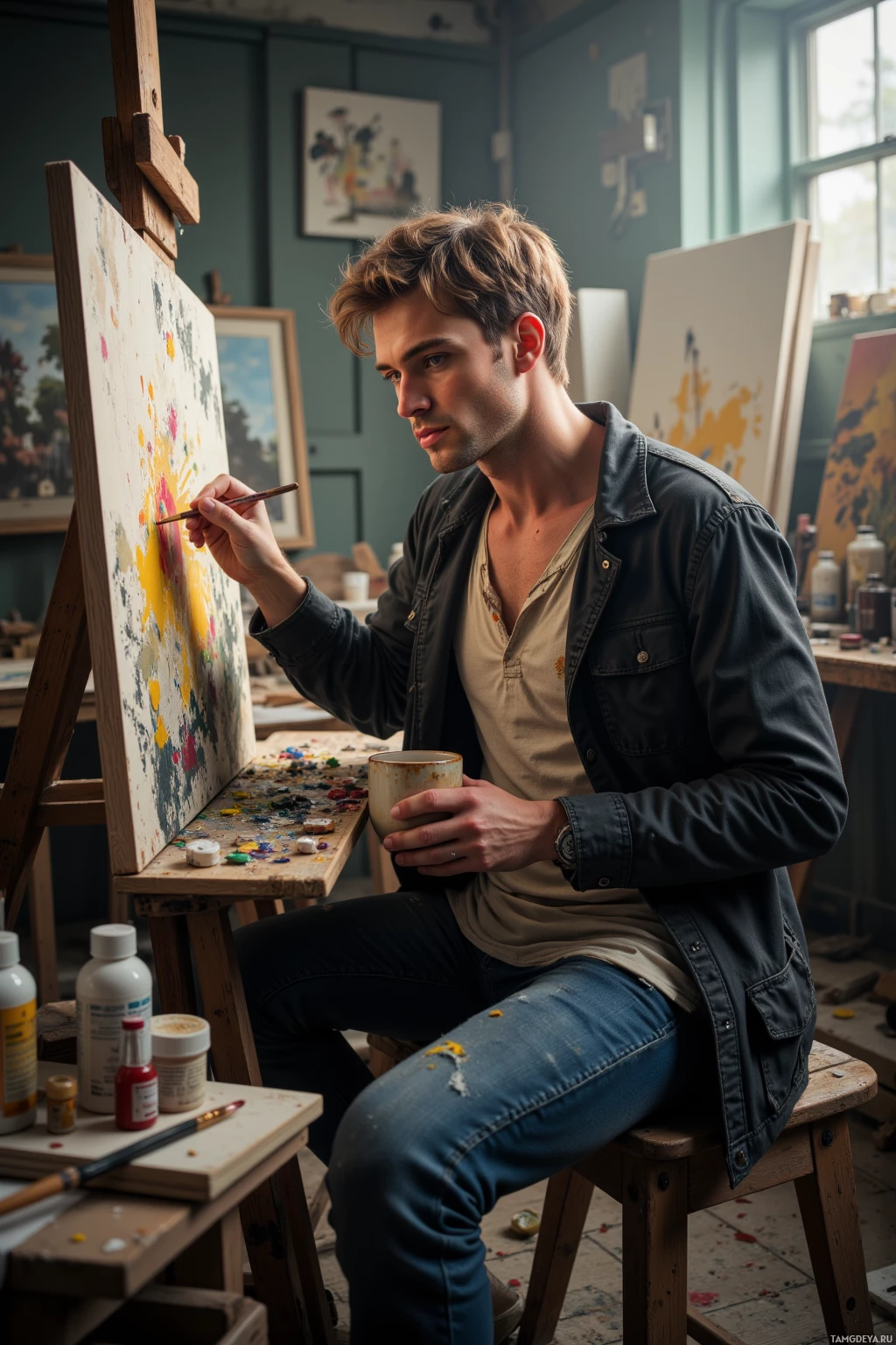 A person is painting on an easel in a studio setting with various art supplies around them.