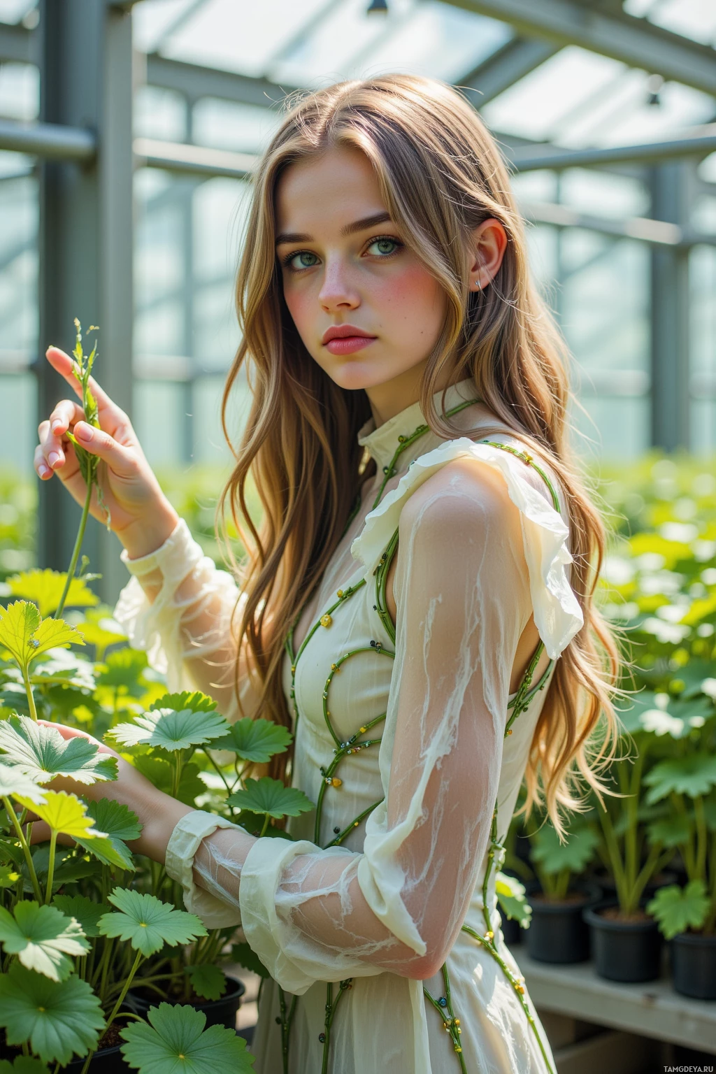 A young woman with long hair stands in a greenhouse, holding a plant.