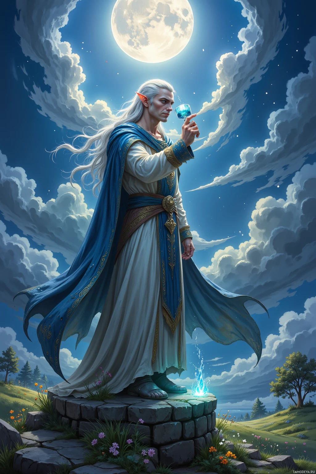 A figure in regal attire stands on a stone pedestal, holding a glowing object, under a night sky with a full moon.