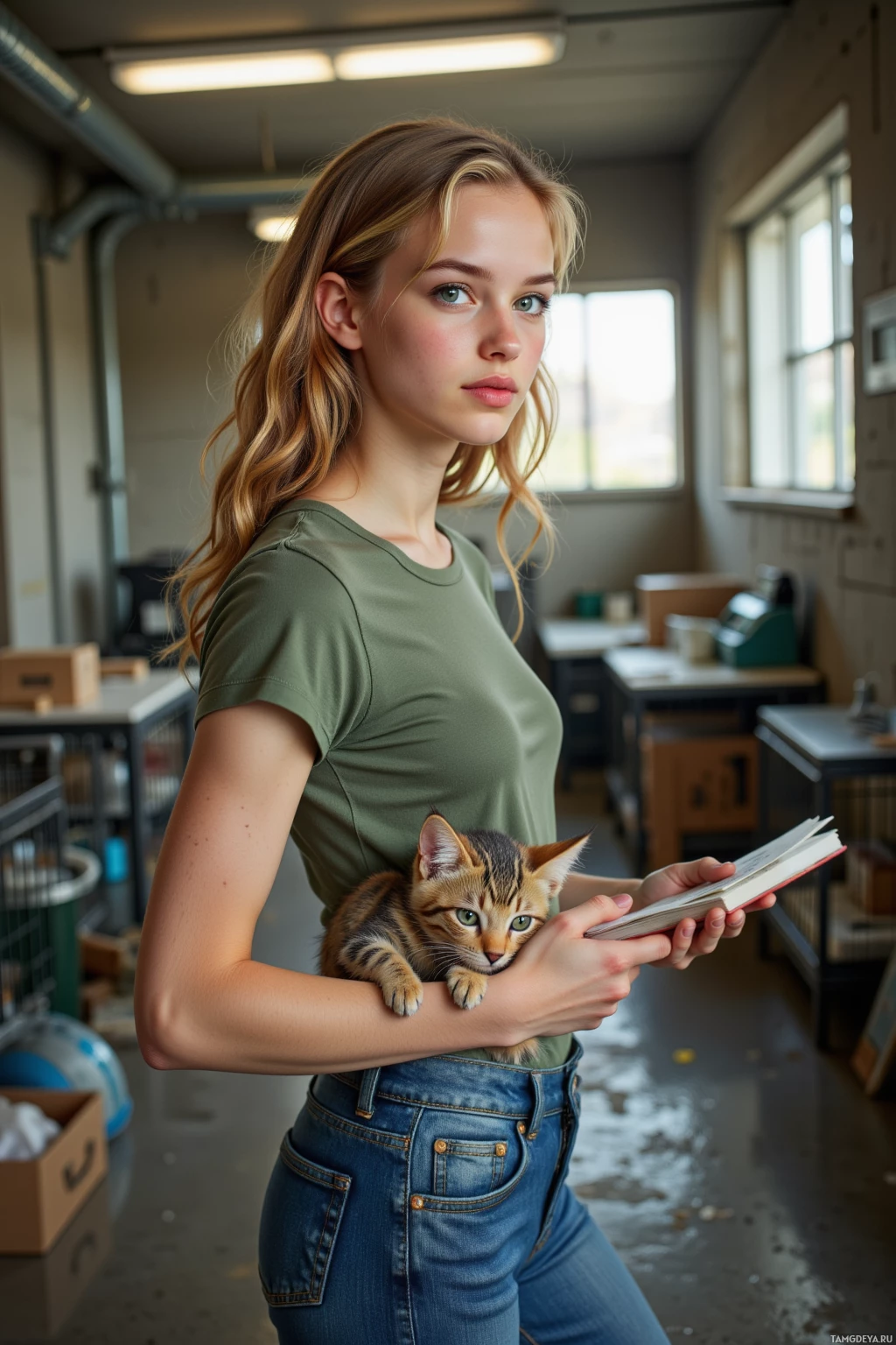 A person in a green shirt holds a kitten while reading a book in a room with desks and windows.