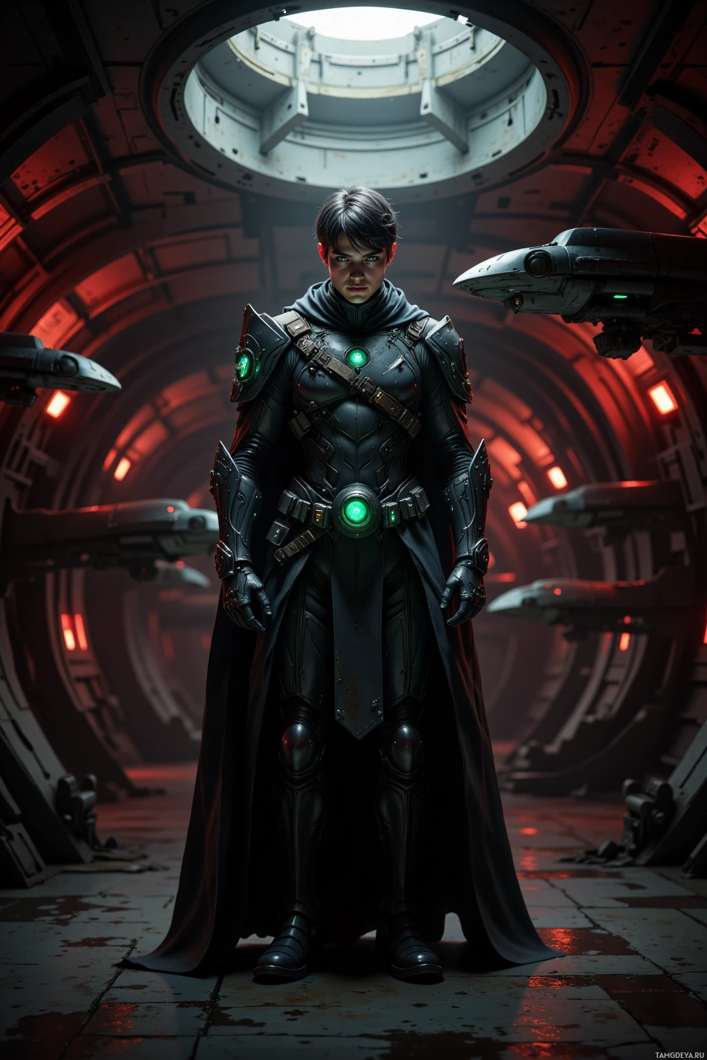 A person in a futuristic, armored suit stands in a dimly lit, circular corridor with glowing green lights.