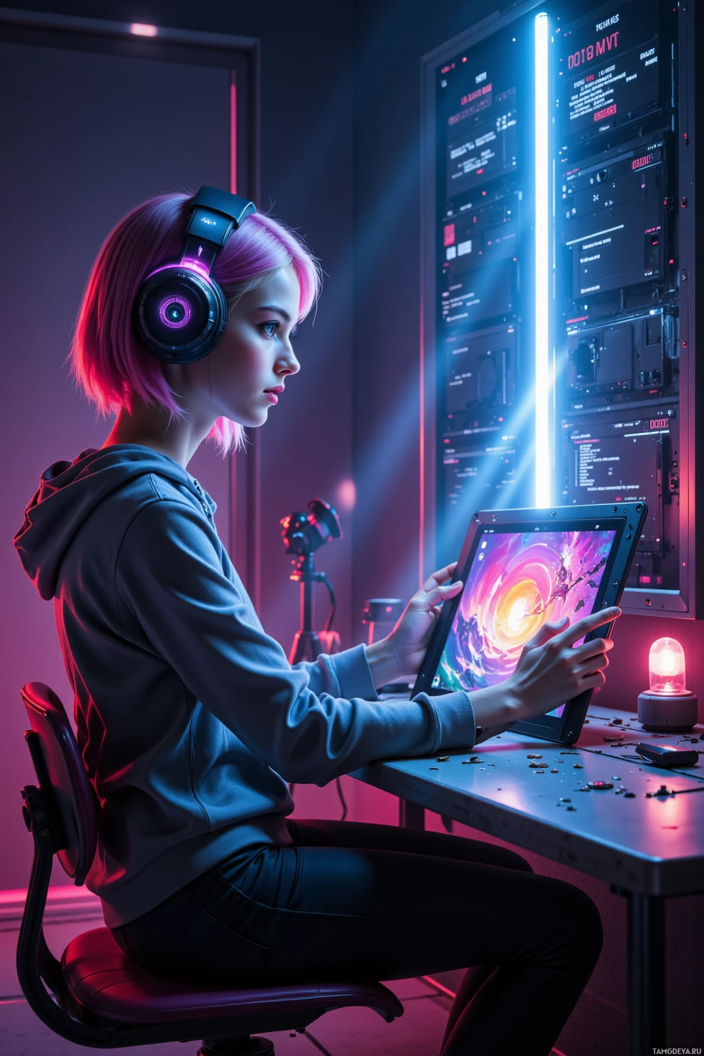 A person wearing headphones is seated at a desk, interacting with a tablet displaying a colorful, abstract image.