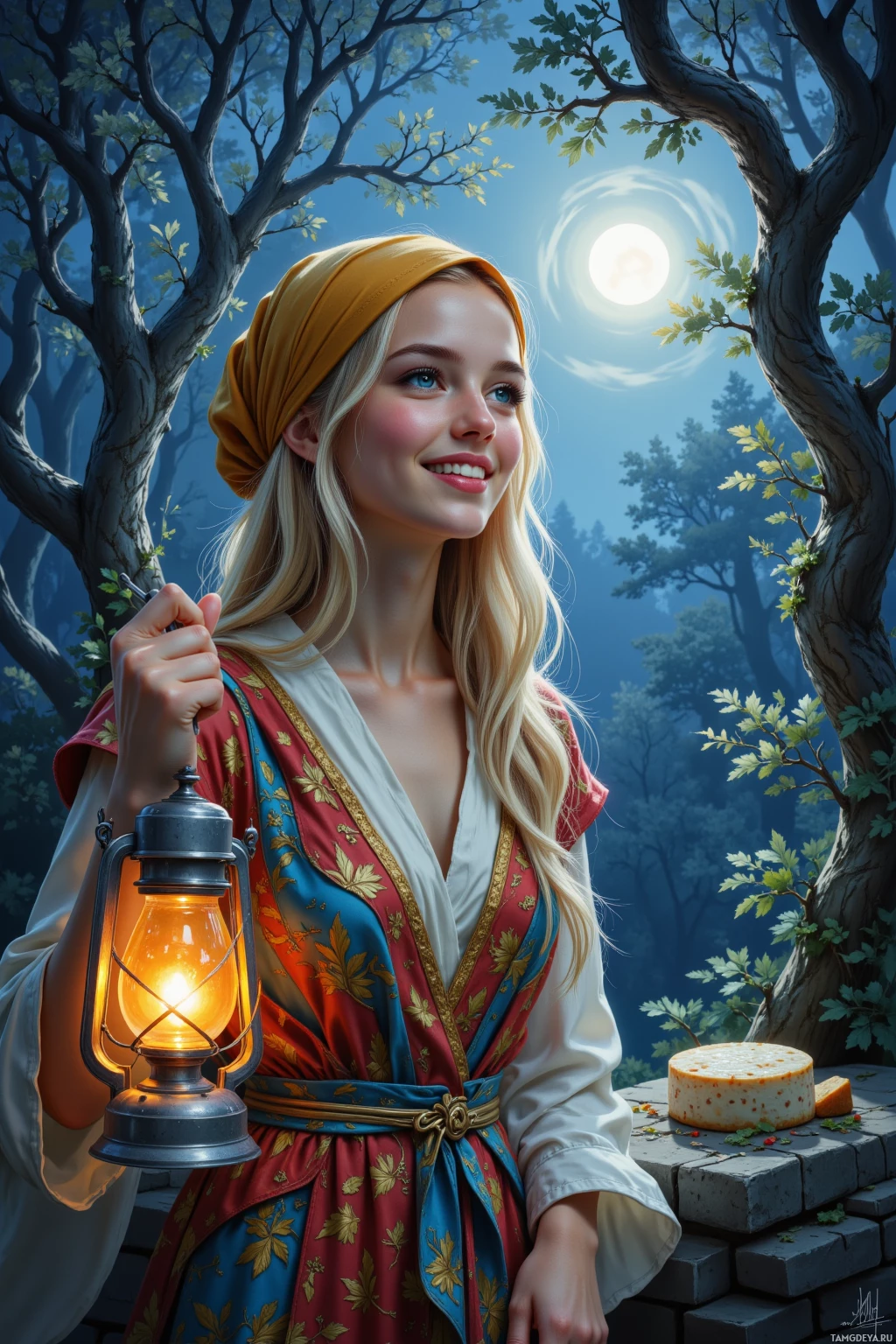 A woman in a colorful dress holds a lantern in a moonlit forest.