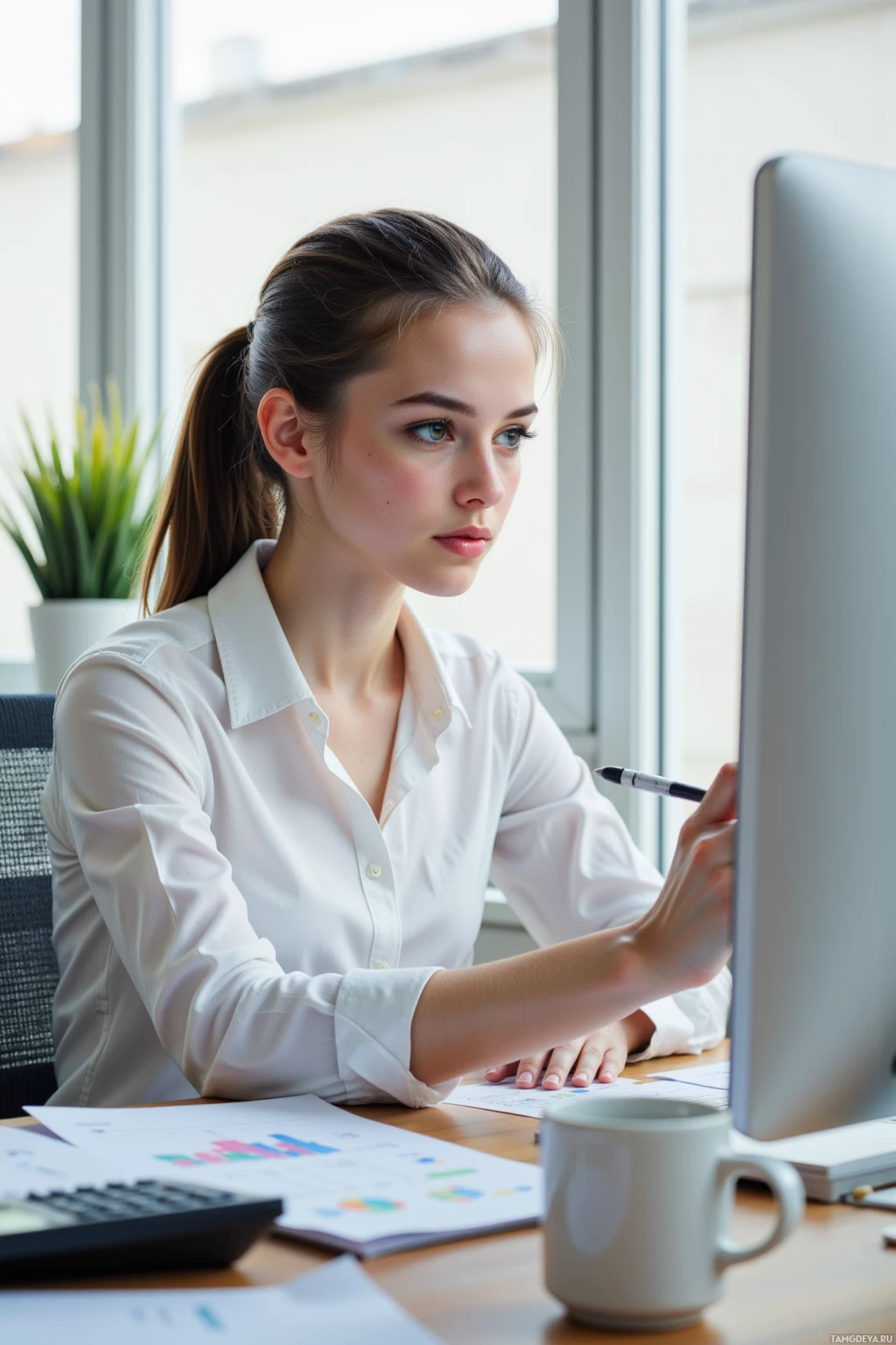 A woman in a white shirt works at a desk with a computer, documents, and a calculator.