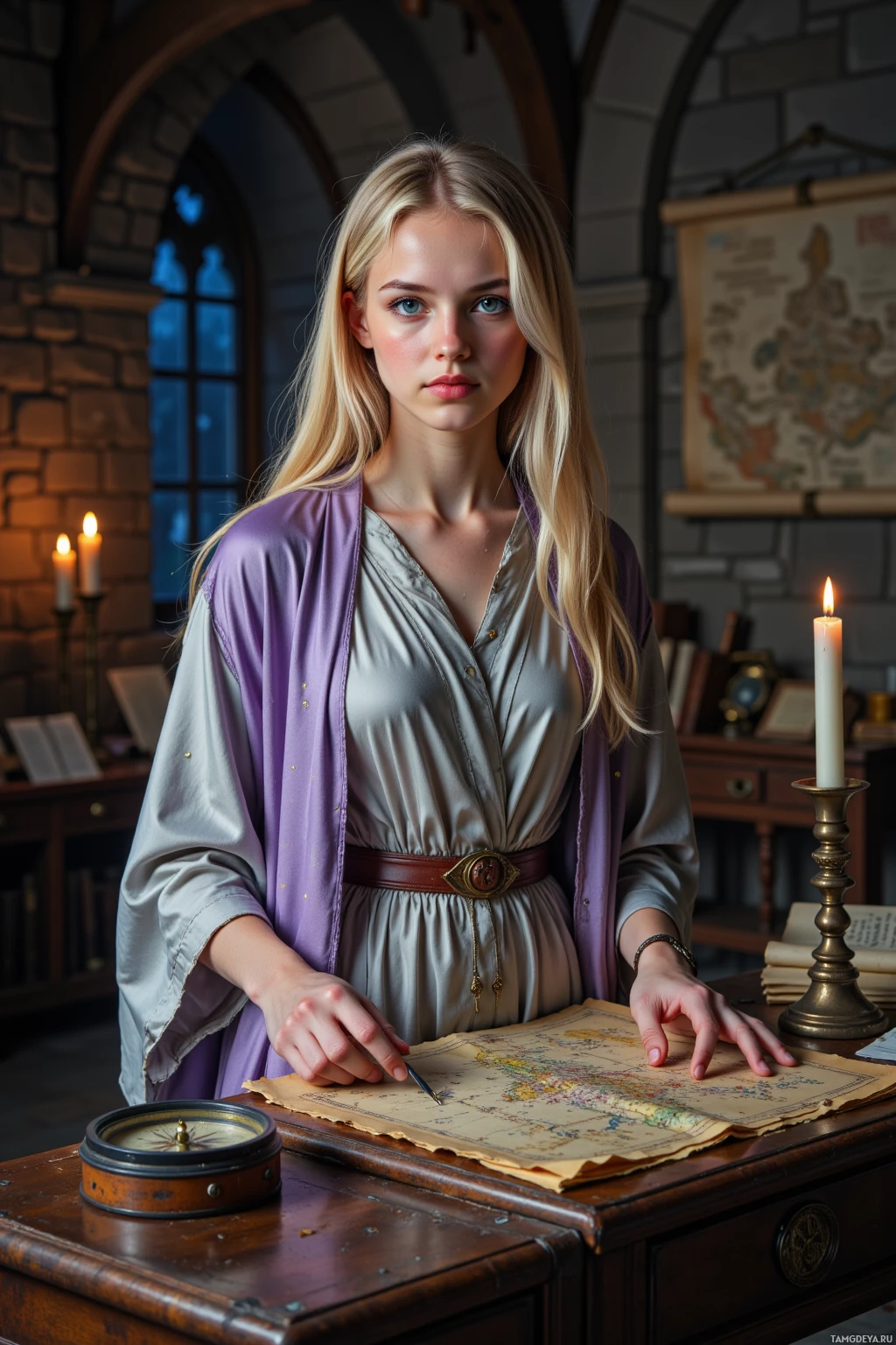 A woman in historical attire stands at a desk with a map and a compass, illuminated by candlelight.