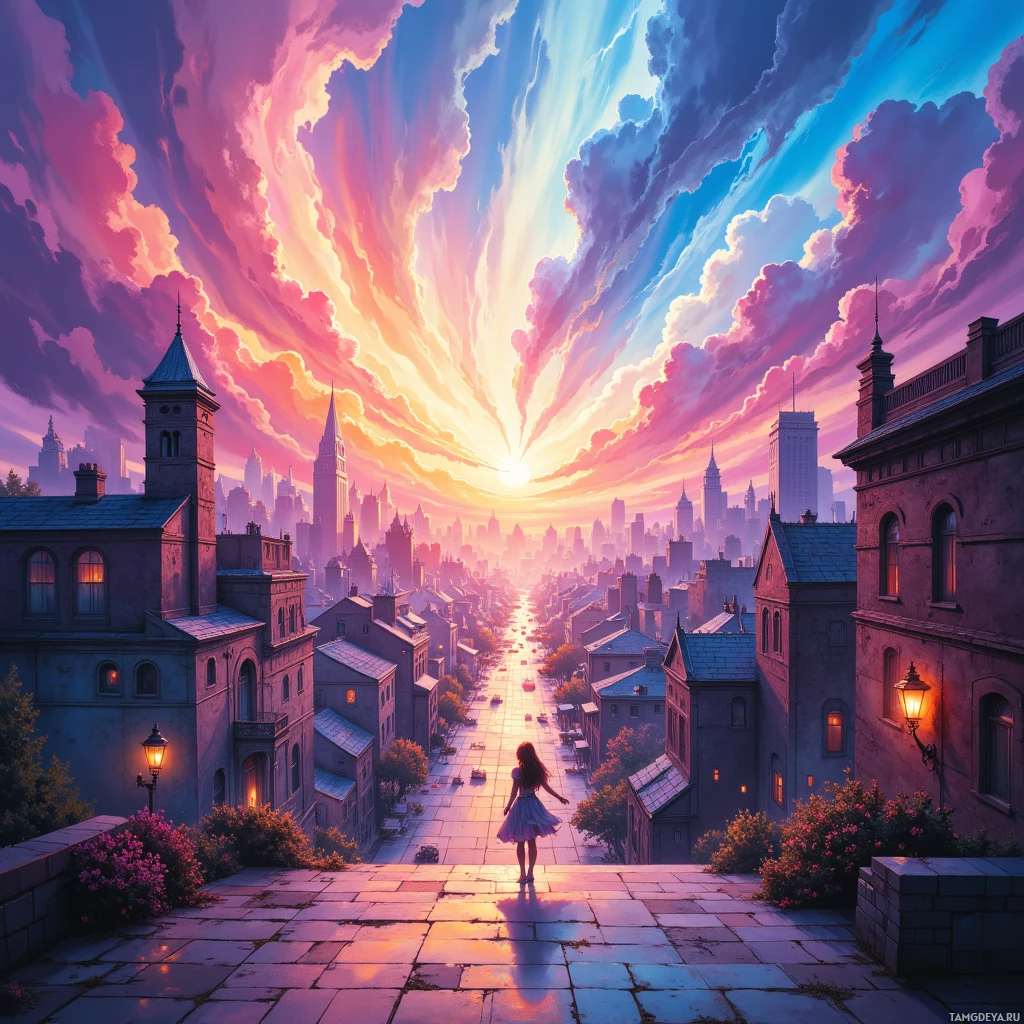 A vibrant cityscape at sunset with a woman standing on a stone walkway.