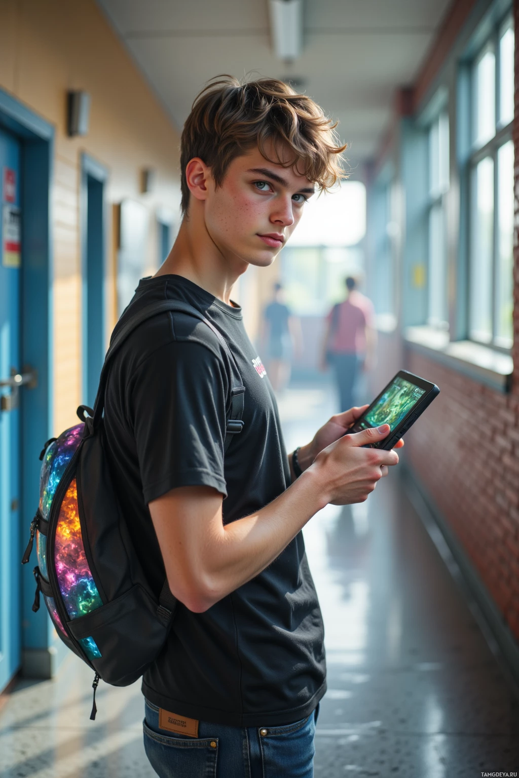 A young person stands in a hallway, holding a tablet and wearing a backpack.