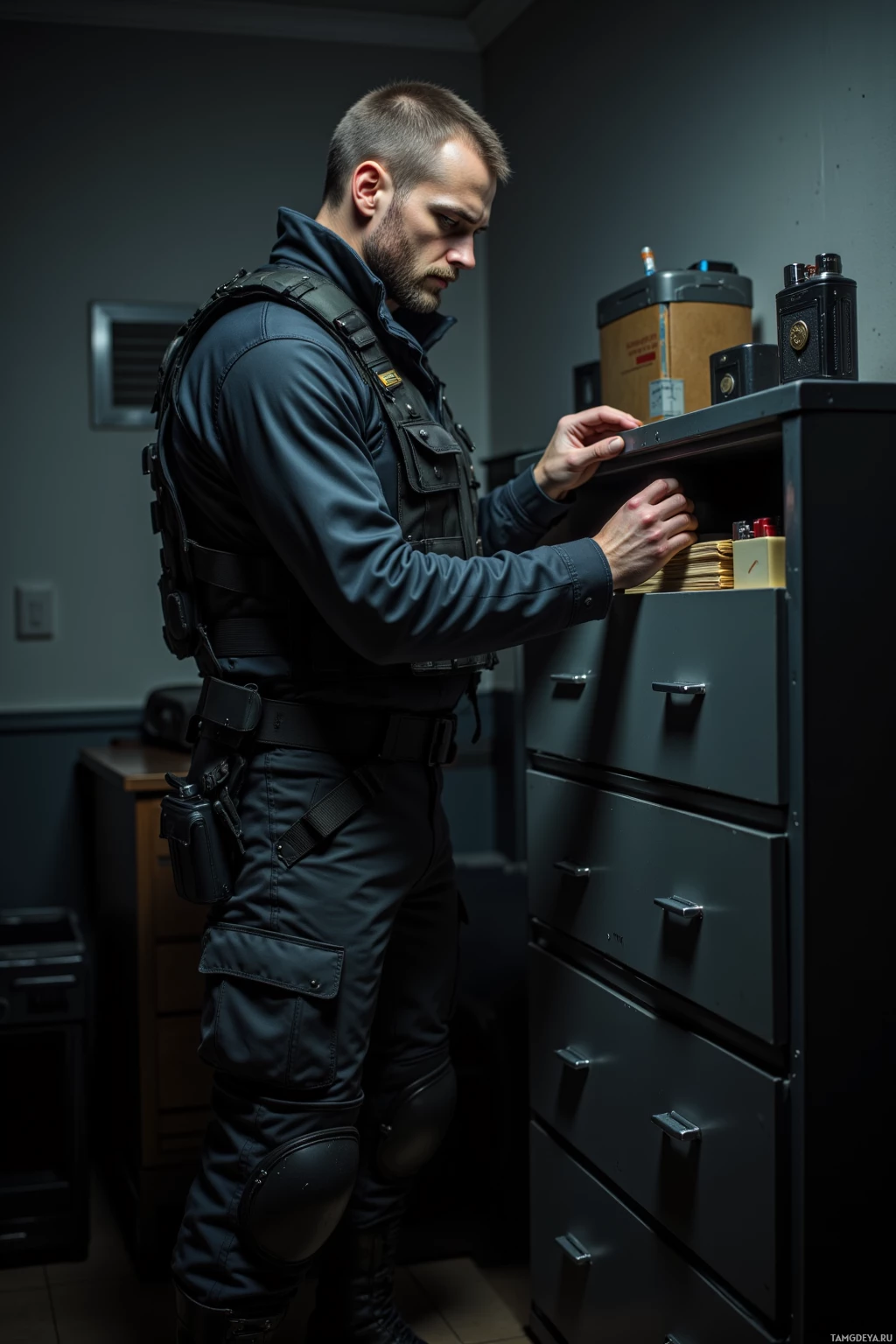 A person in tactical gear is searching through a filing cabinet.