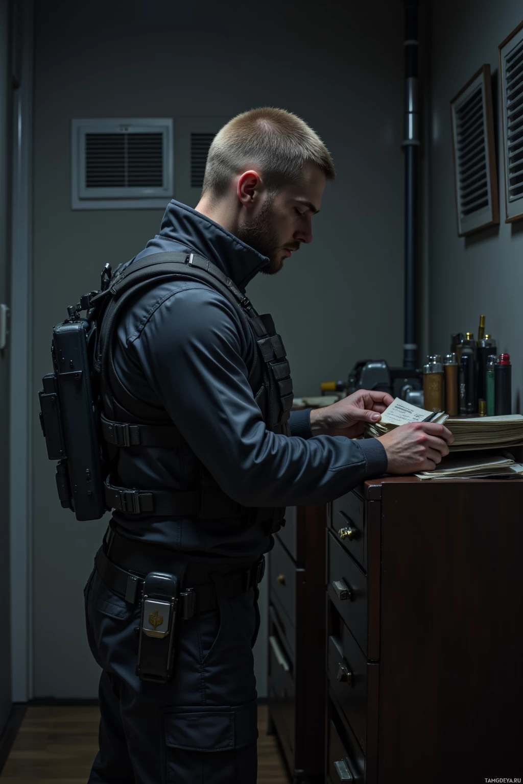 A man in tactical gear is reviewing documents at a desk.