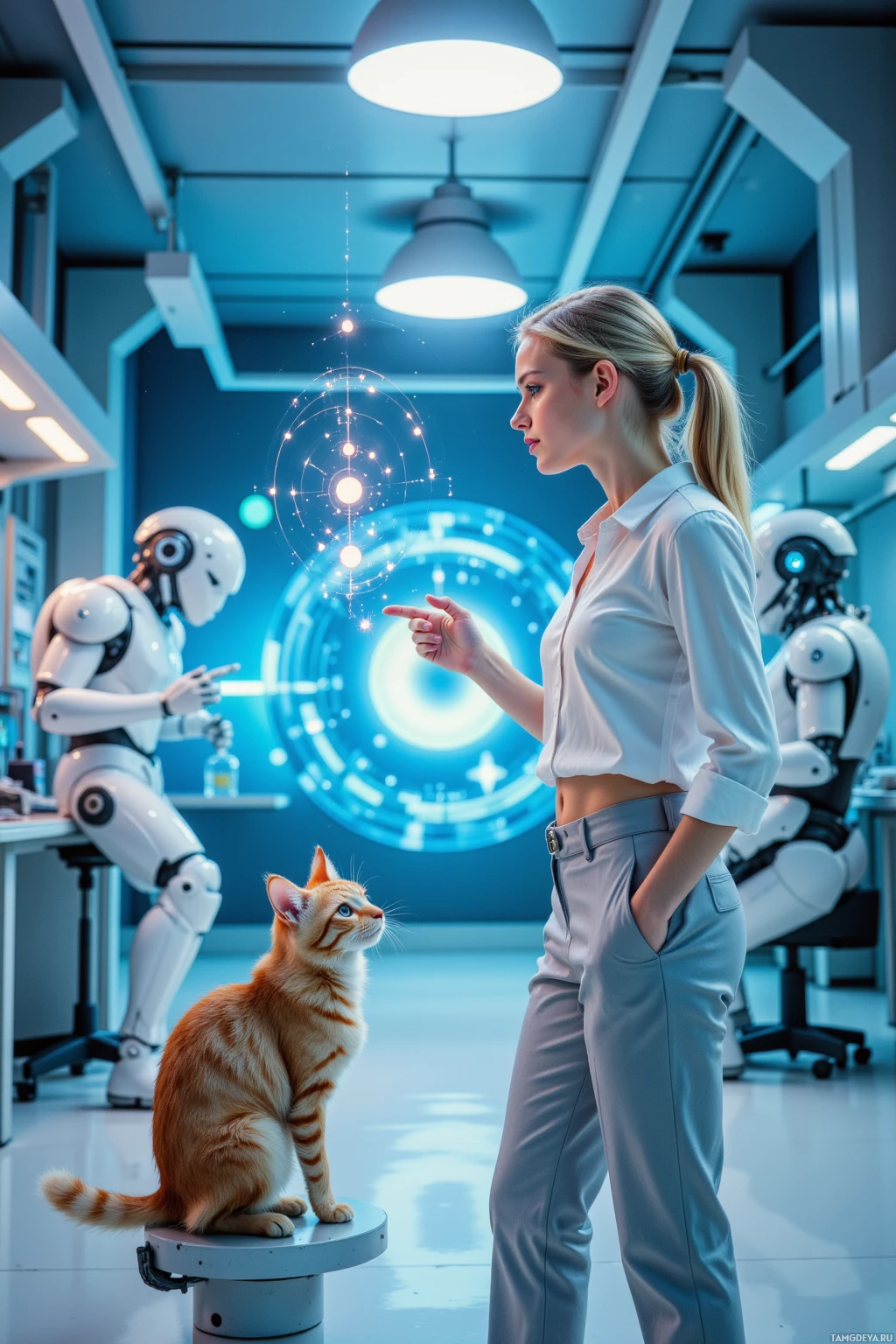 A woman in a lab points at a glowing, futuristic display while a cat sits on a platform nearby.