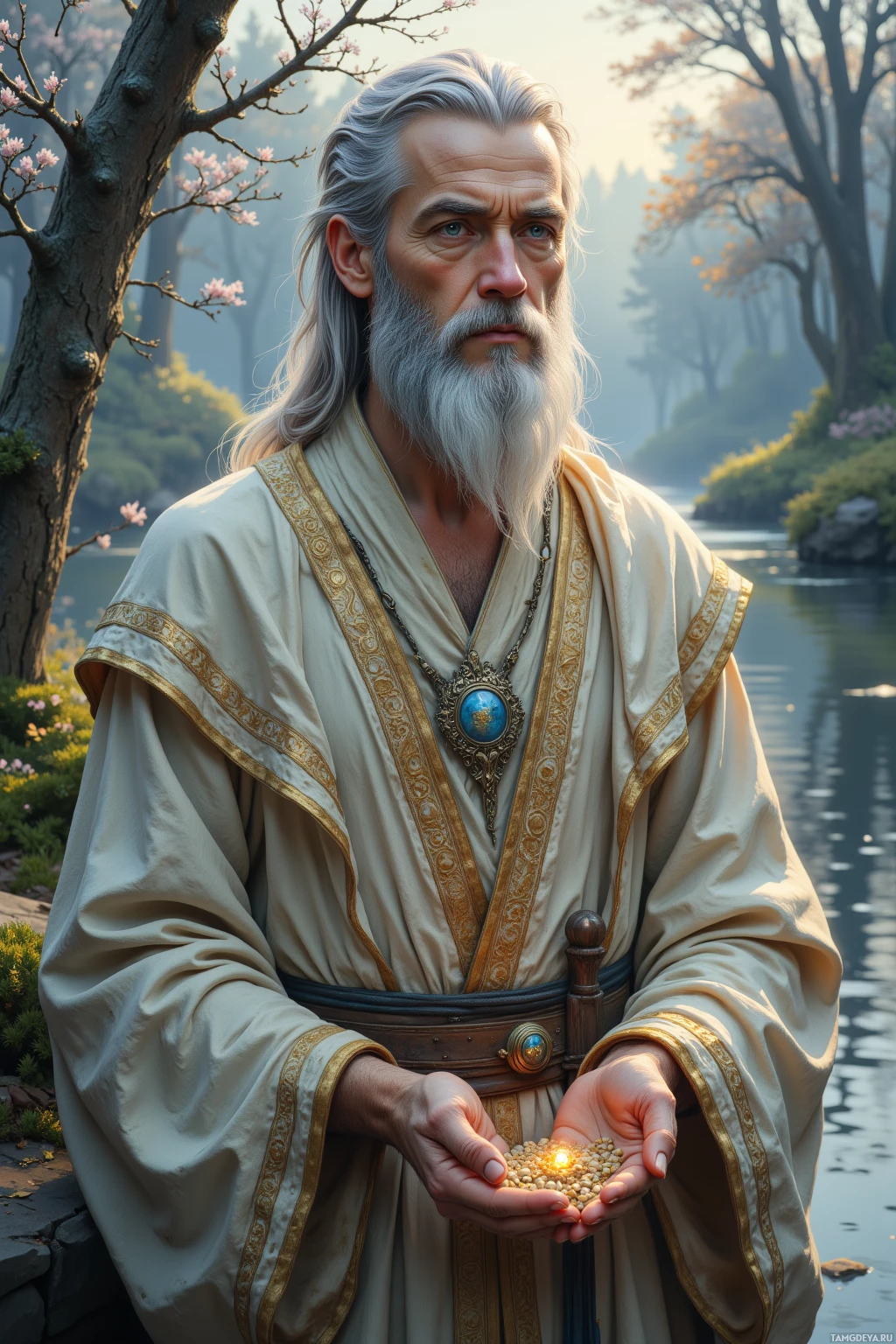An elderly man with long white hair and beard, dressed in ornate robes, holds glowing seeds in his hands.
