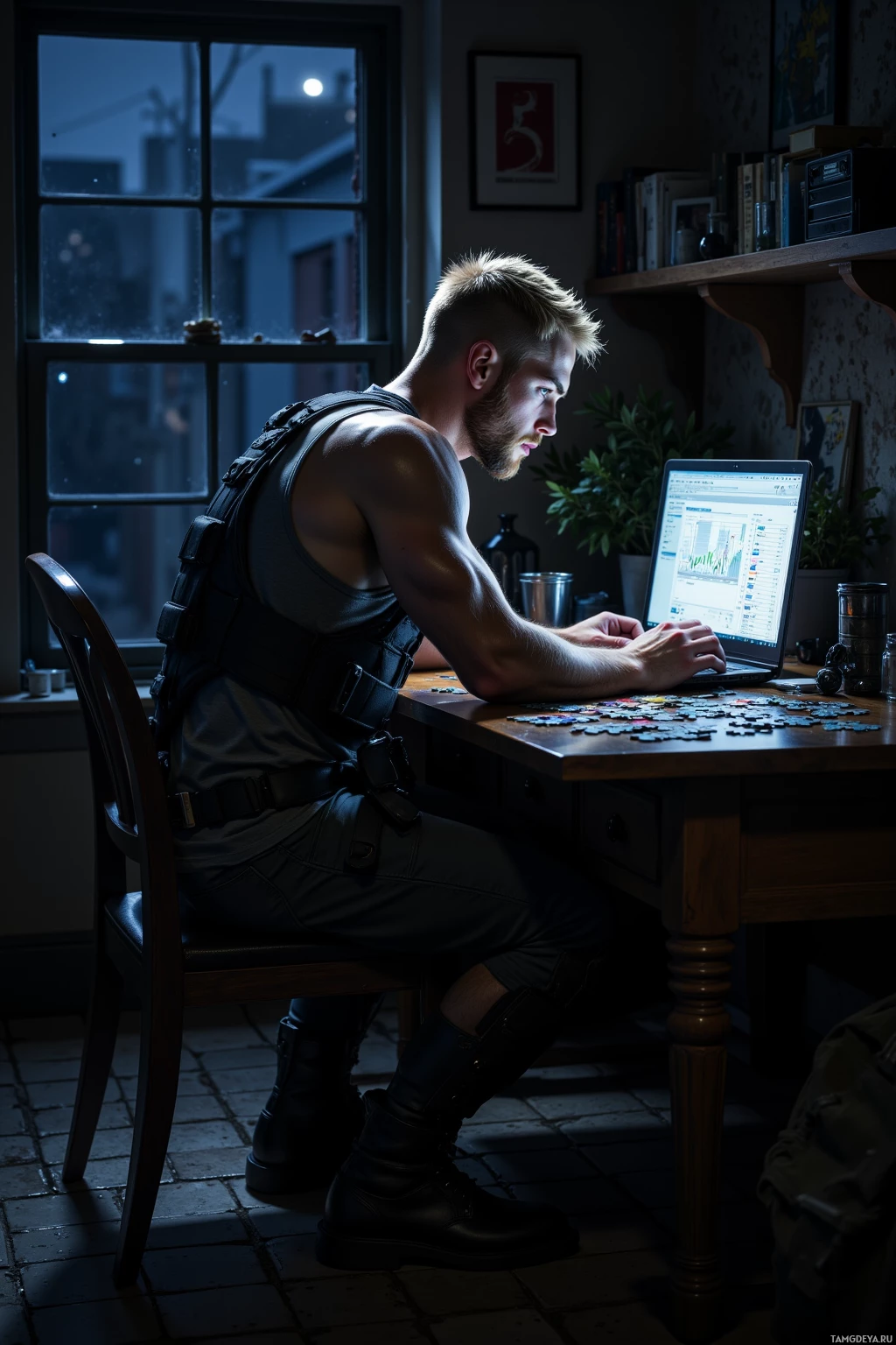 A man in tactical gear works on a laptop at a desk in a dimly lit room.