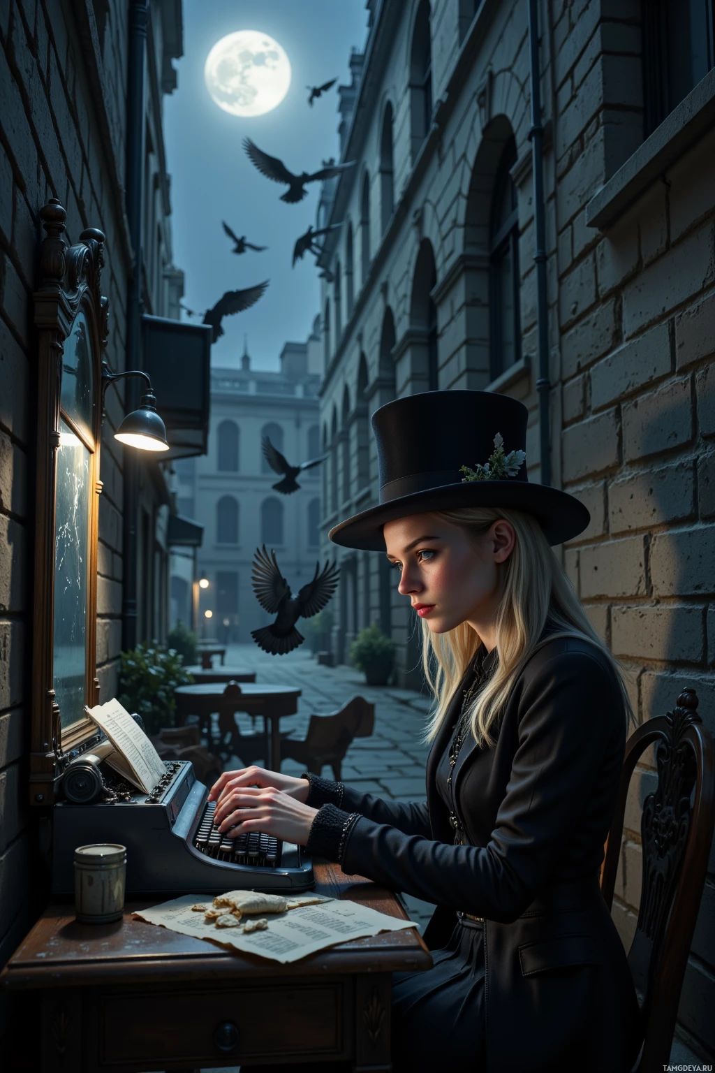 A woman in a top hat sits at a desk, typing on a typewriter, with a full moon and flying birds in the background.