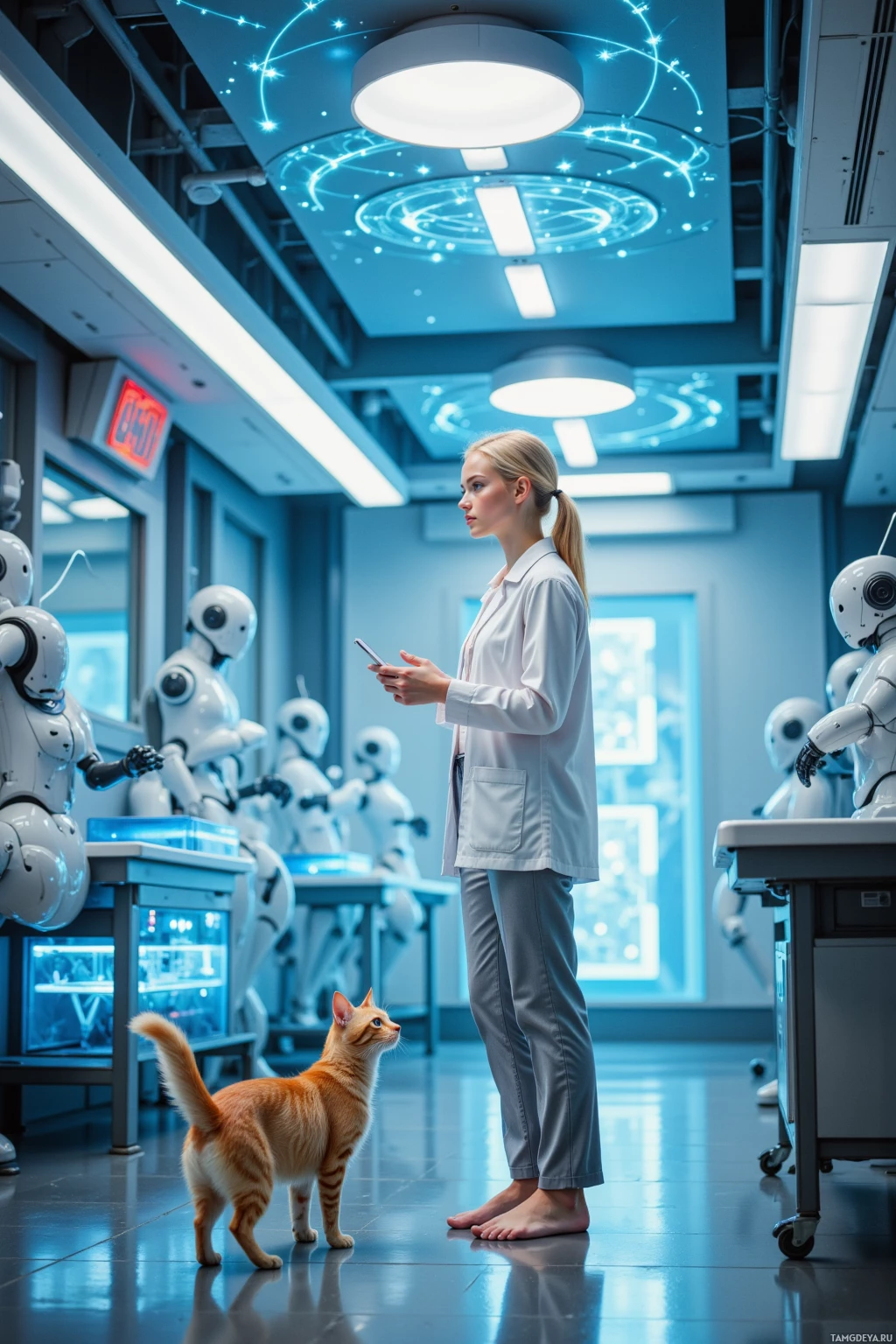 A woman in a lab coat stands in a futuristic lab with robots and a cat.