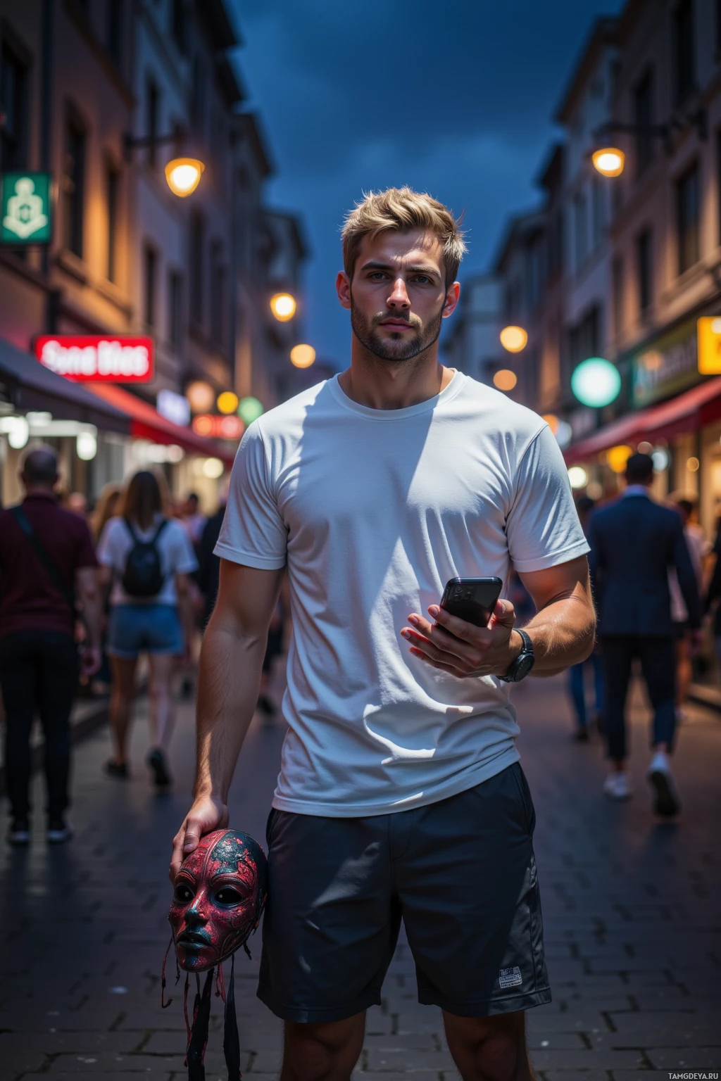 A man stands on a street at dusk, holding a mask and a phone.