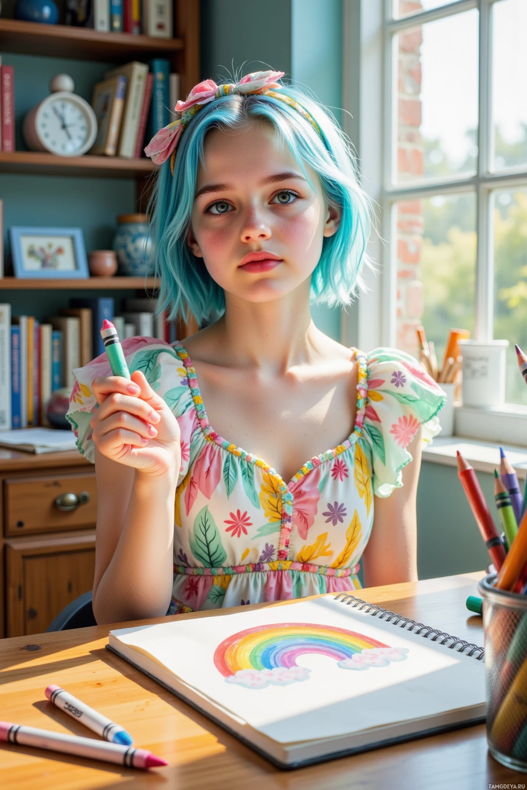 A young person with blue hair sits at a desk, holding a crayon, with a drawing of a rainbow on a notebook.