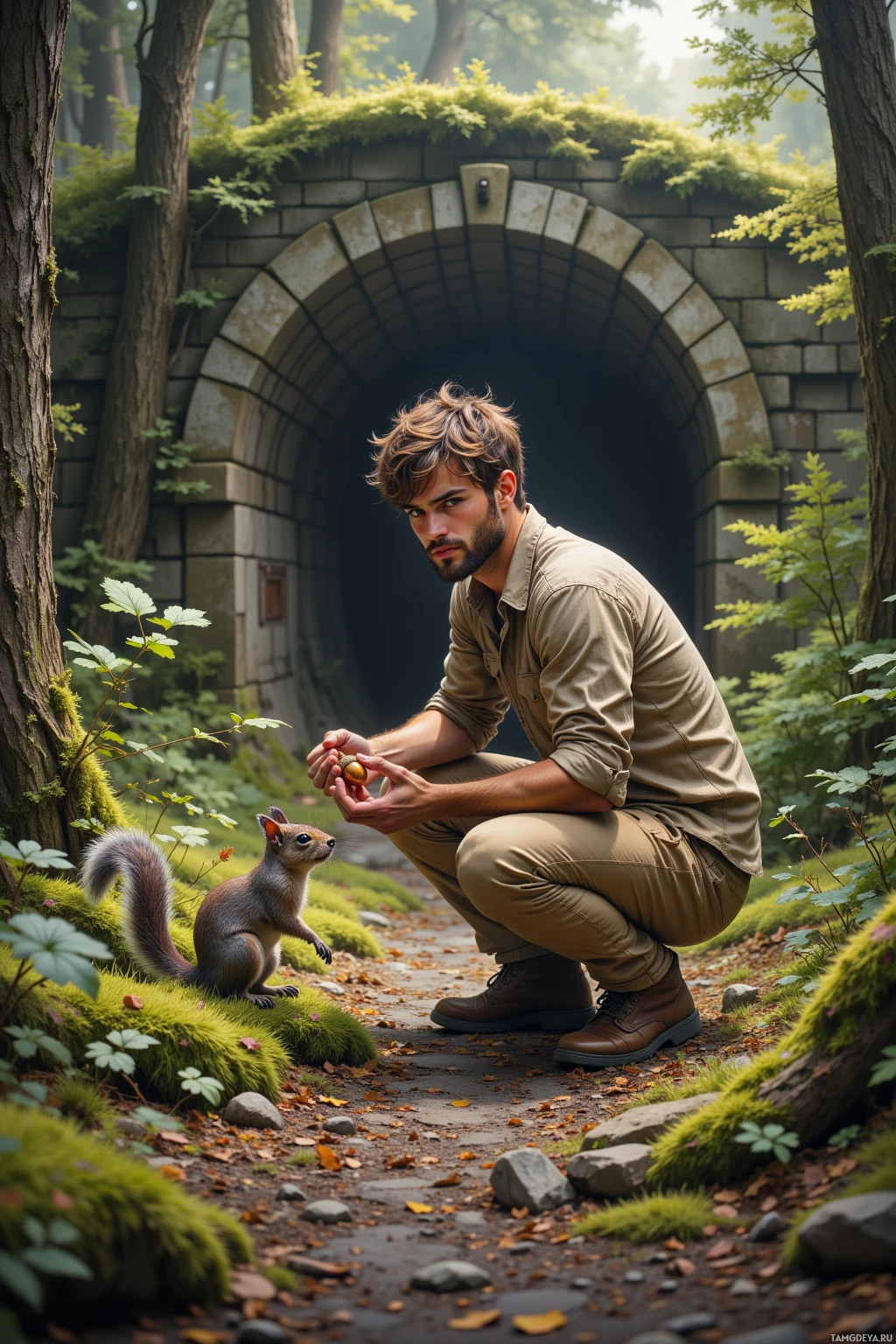 A man crouches in a forest, holding a nut near a curious squirrel.