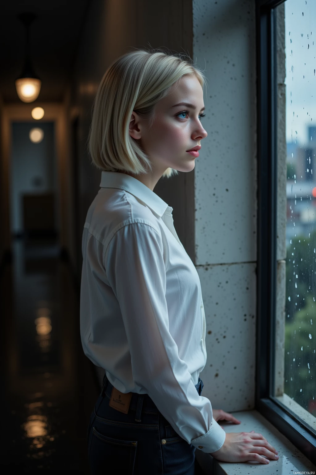 A woman in a white shirt stands by a window, looking out.