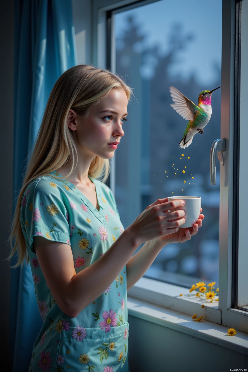 A woman in a floral dress stands by a window, holding a cup, with a hummingbird hovering nearby.