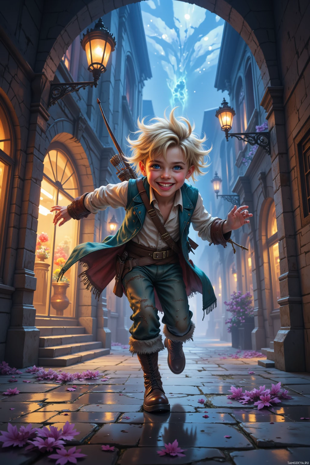 A cheerful young boy with blonde hair runs joyfully down a picturesque cobblestone street lined with stone buildings and glowing lanterns.