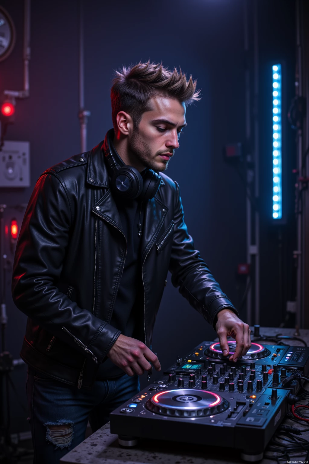 A person in a leather jacket is operating a DJ mixer in a dimly lit room.